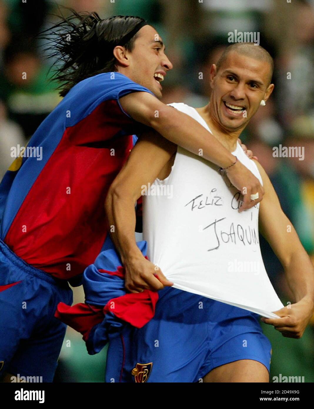 Fc Basel Striker Christian Gimenez R Celebrates With Hakan Yakin After Scoring Against Celtic In The Champions League Third Qualifying Round First Leg Match At Celtic Park In Glasgow August 14 2002