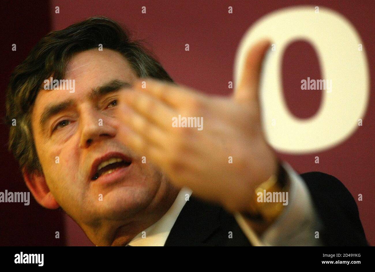Britain's Chancellor of the Exchequer Gordon Brown addresses the Social Market Foundation in London February 3, 2003. Brown fought back in his address over accustations that he had lost control of public finances and the British economy stating that 'The true test of a policy is whether it can cope with diffucult as well as good times'. REUTERS/John Pryke  JDP/NMB Stock Photo