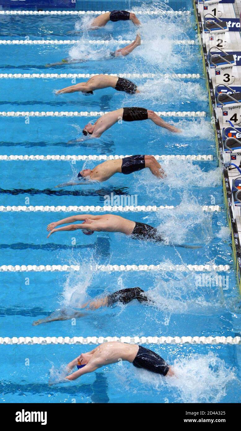 BACKSTROKERS START DURING HEAT OF MEN'S 200 BACKSTROKE AT THE