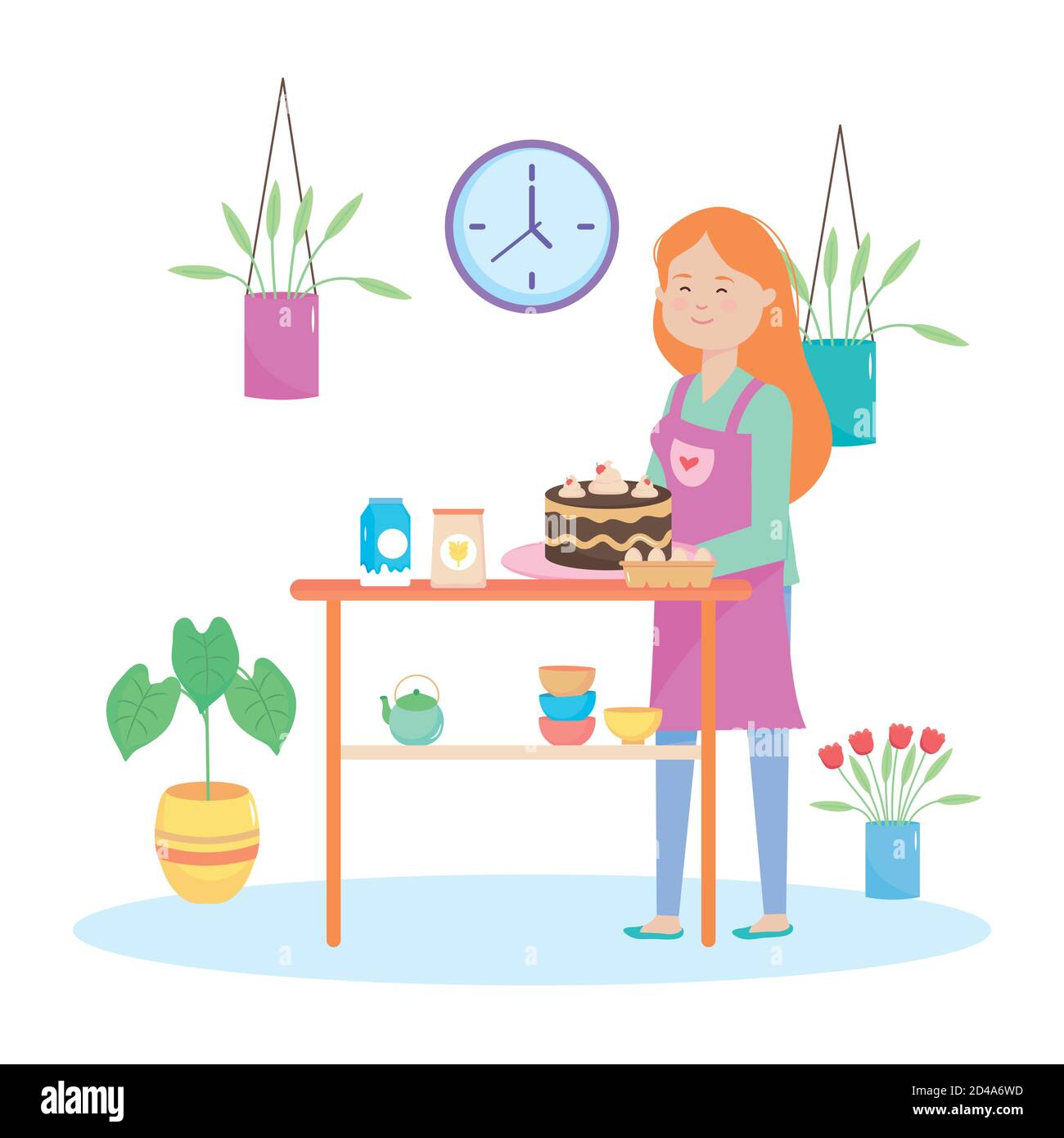 quarantine concept, happy woman holding a cake with plants around over white background, colorful design, vector illustration Stock Vector