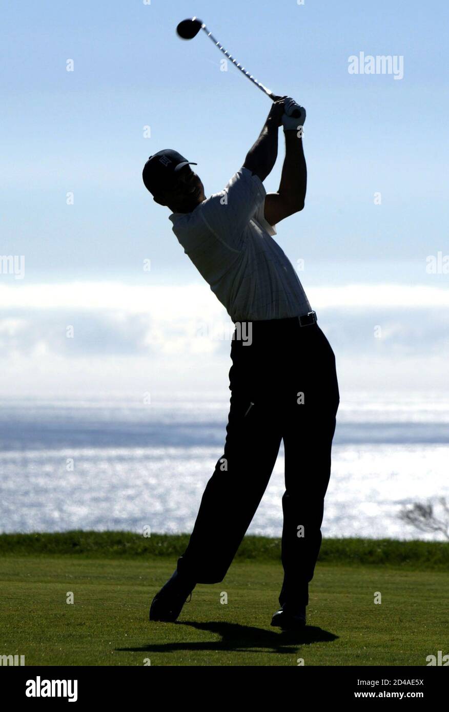 Tiger Woods Is Silhouette Next To The Pacific Ocean As His Hits A Driver Off The 4th Tee During Second Round Play At The Buick Invitational Pga Event At Torrey Pines Golf