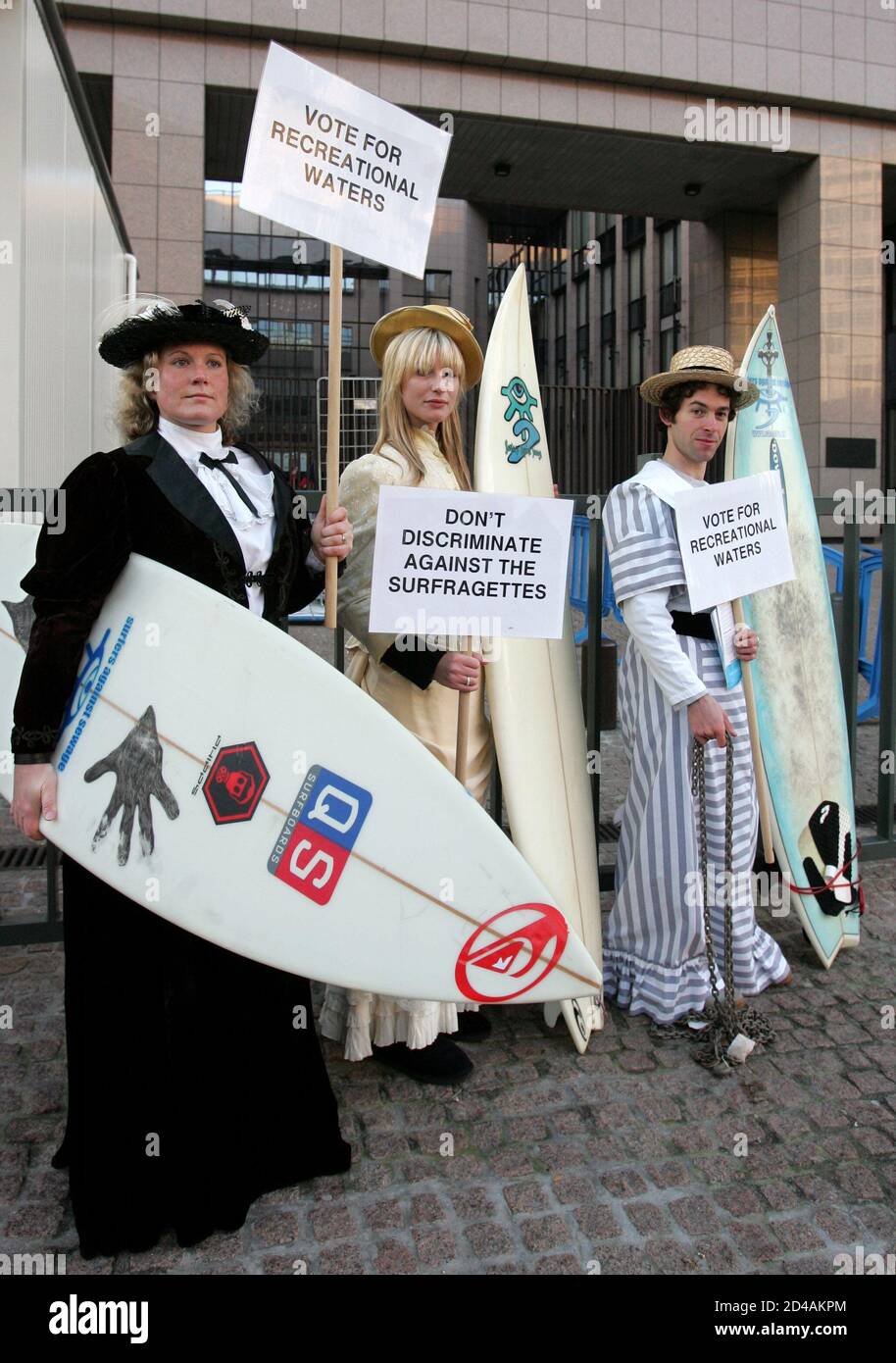 A group of surfers dressed in periode costume protest in front of the European Council building in Brussels December 20, 2004. Surfers Against Sewage activists protested to challenge EU environment ministers over unsatisfactory reforms to the EU Bathing Water Directive. REUTERS/Thierry Roge  THR/THI Stock Photo