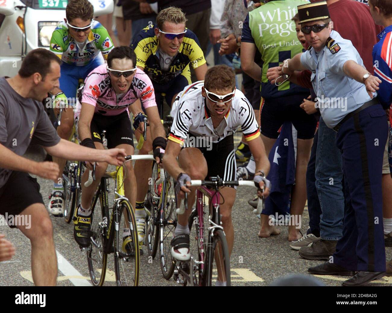 Deutsche Telekom rider Jan Ullrich leads the pack in the climb of L'Alpe  d'Huez during the 10th stage of the Tour de France cycling race between  Aix-Les-Bains and L'Alpe d'Huez July 17,