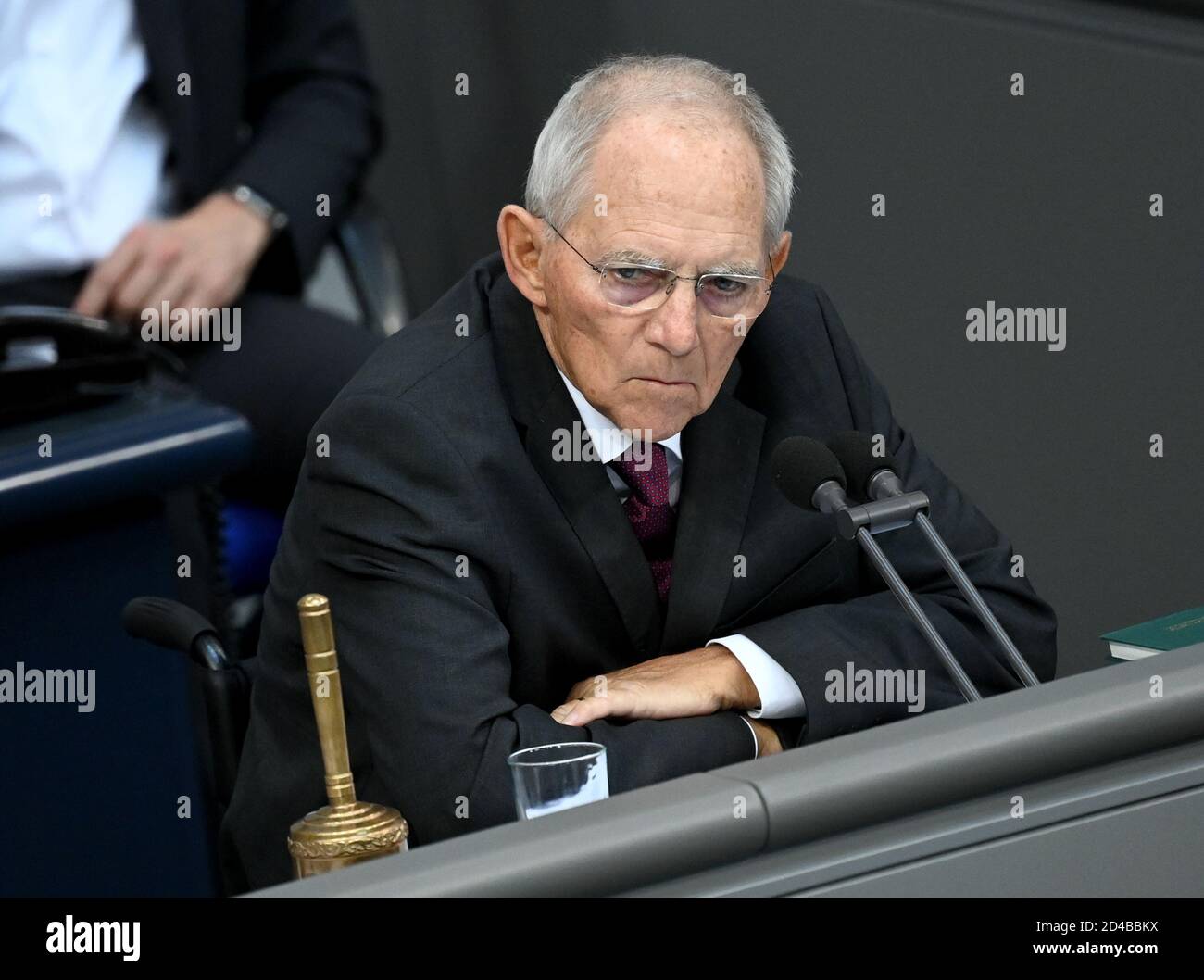 Berlin, Germany. 09th Oct, 2020. Wolfgang Schäuble (CDU), President of the Bundestag, chairs the session in the Bundestag. The victims of the German wars of annihilation will be debated, as will a vote on the reform of family reunification in the EU. Credit: Britta Pedersen/dpa-Zentralbild/dpa/Alamy Live News Stock Photo