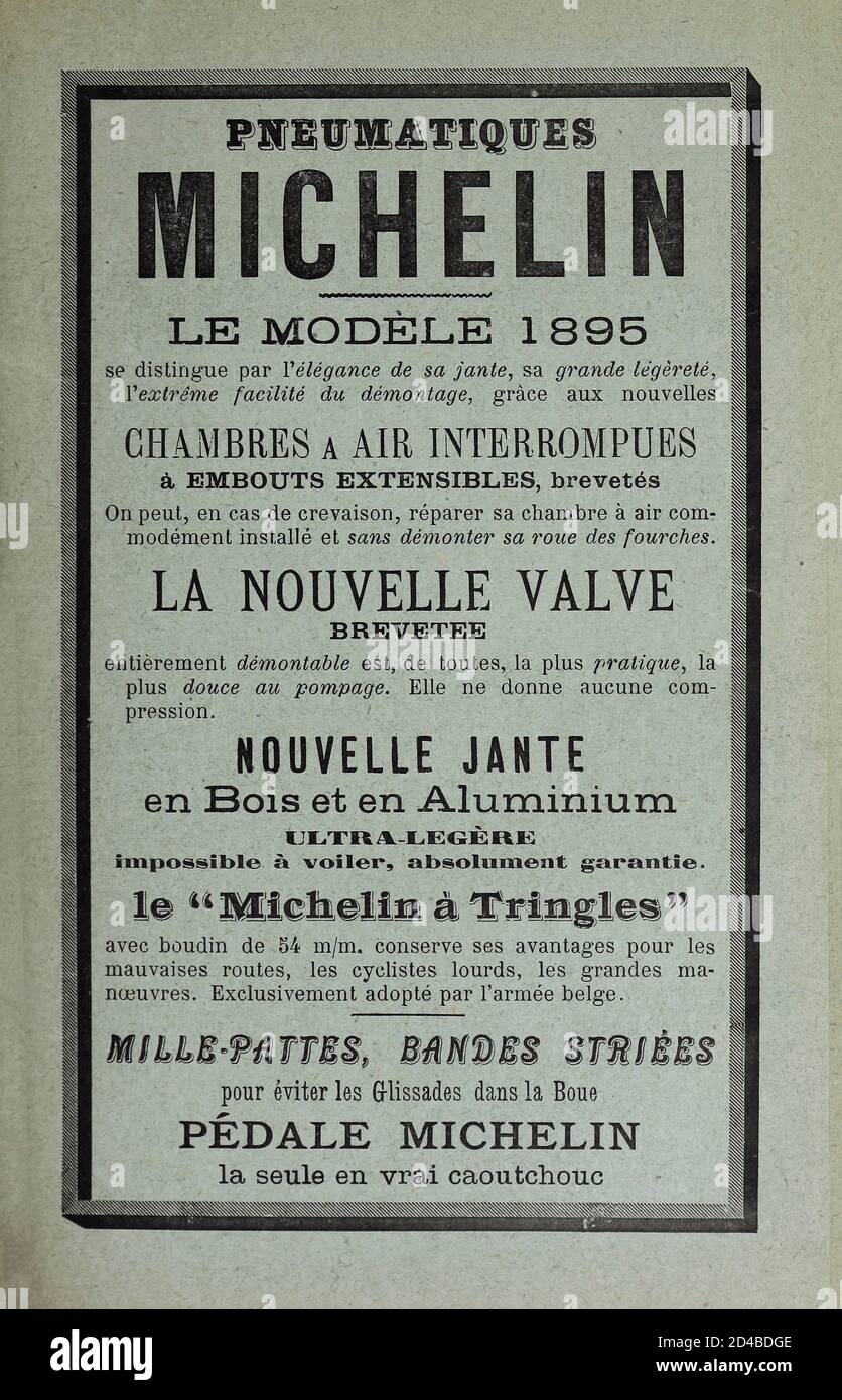 Printed advert for Michelin tyres in French 1895 Stock Photo