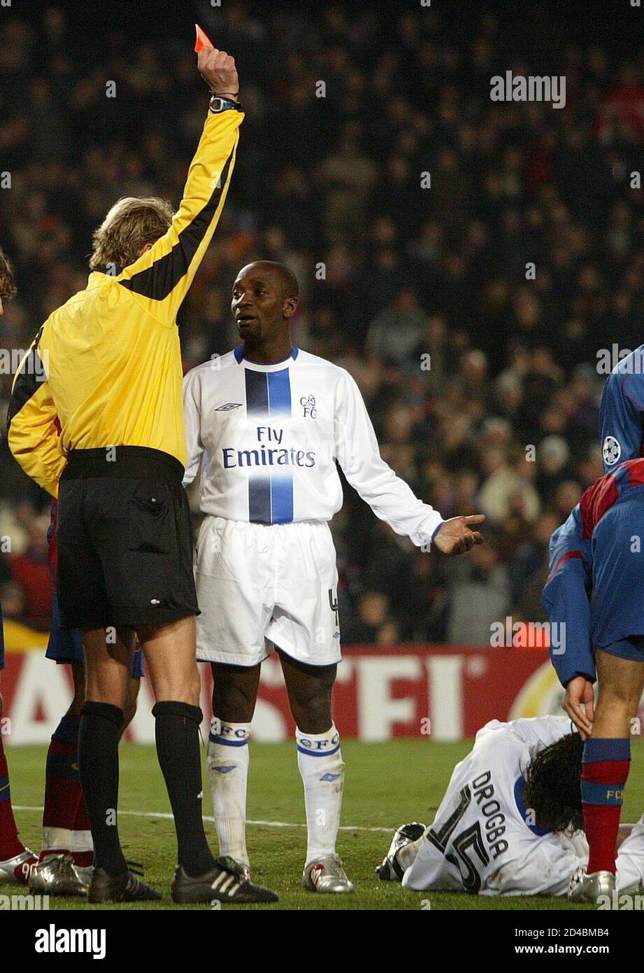 Chelsea S Drogba Receives Red Card During Their Champions League First Knock Out Round First Leg Match In Barcelona Referee Anders Frisk Shows Chelsea S Didier Drogba R On Ground A Red Card As Chelsea Chelsea S Drogba Receives Red Card During Their Champions League First Knock Out Round First Leg Match In Barcelona Referee Anders Frisk Shows Chelsea S Didier Drogba R On Ground A Red Card As Chelsea