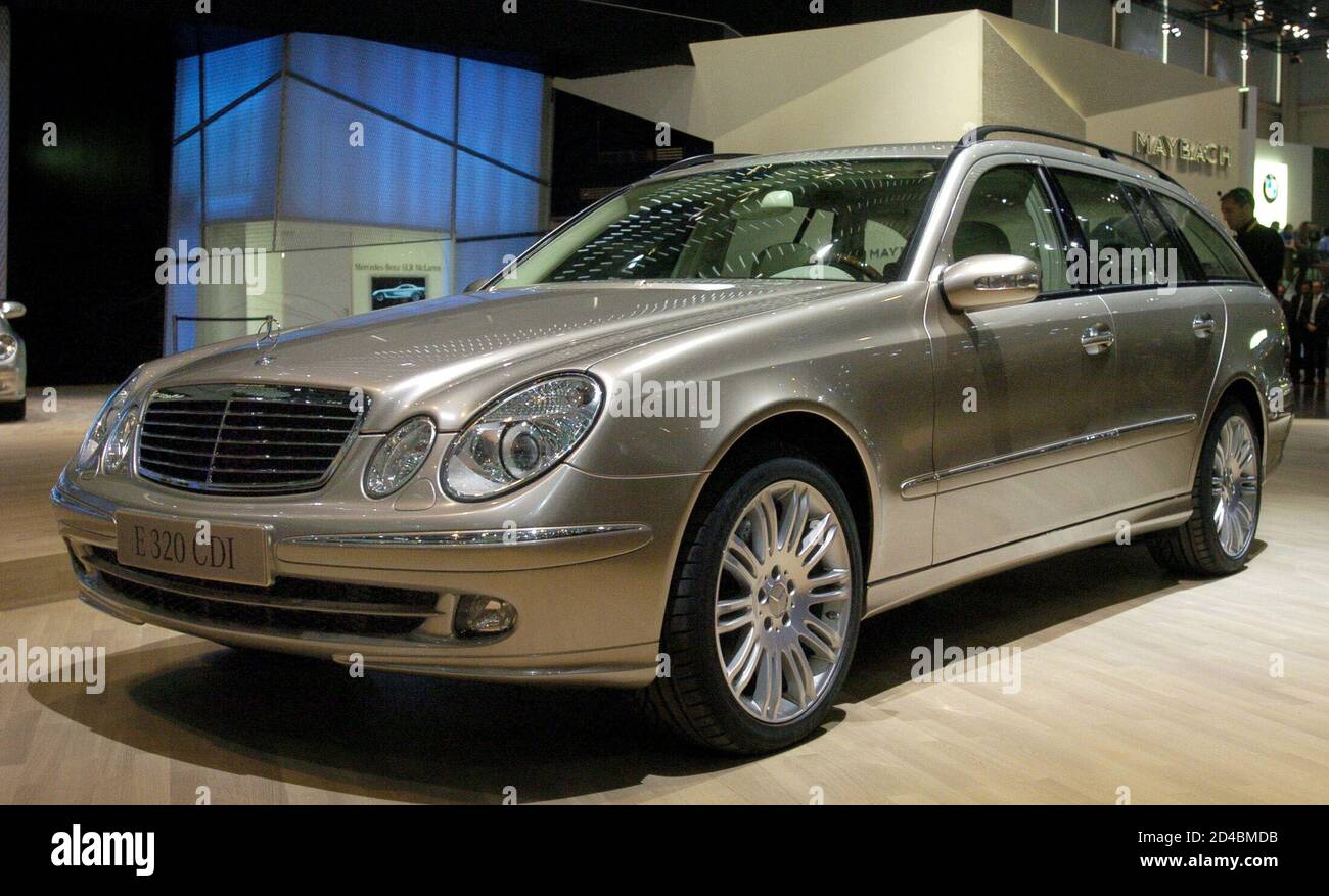 A Mercedes-Benz E-class 320 CDI is on display as a first world presentation  at the 75th Geneva Motor Show in Geneva, Switzerland, March 1, 2005. The  vehicle features a 24-valve inline- 6