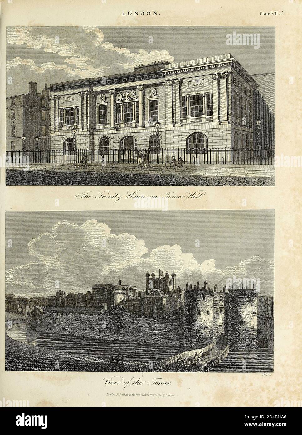 Trinity House (Top) and the Tower of London Architecture in the City of London Copperplate engraving From the Encyclopaedia Londinensis or, Universal dictionary of arts, sciences, and literature; Volume XIII;  Edited by Wilkes, John. Published in London in 1815 Stock Photo