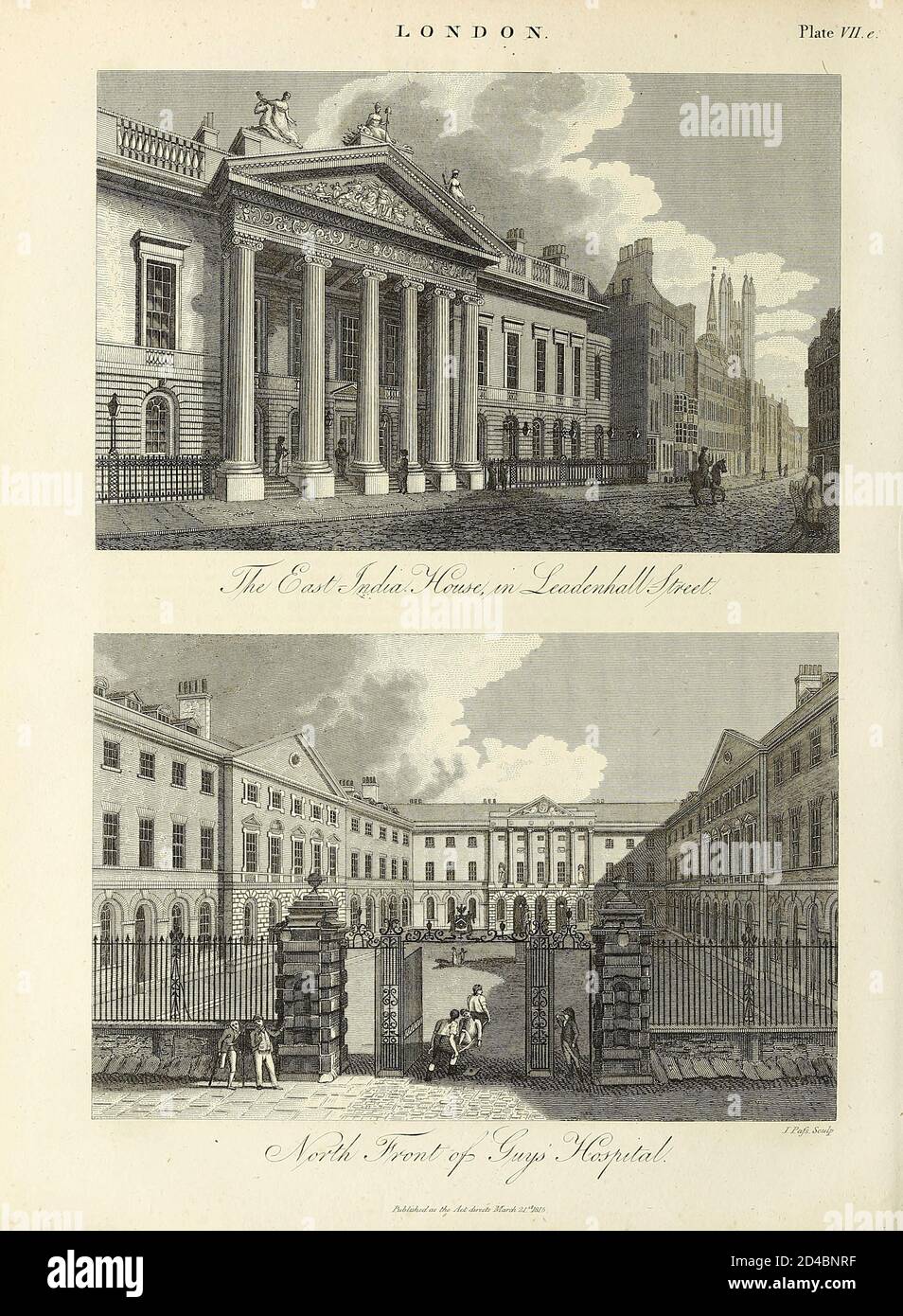 East India House (top) and Guy's Hospital, London  Architecture in the City of London Copperplate engraving From the Encyclopaedia Londinensis or, Universal dictionary of arts, sciences, and literature; Volume XIII;  Edited by Wilkes, John. Published in London in 1815 Stock Photo