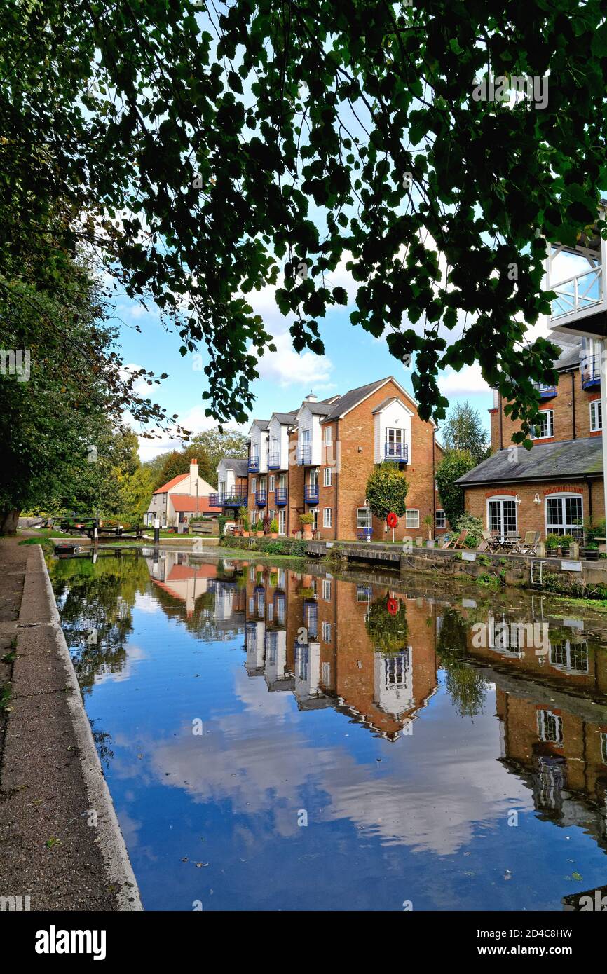 Modern apartments on the River Wey navigation canal at Thames Lock