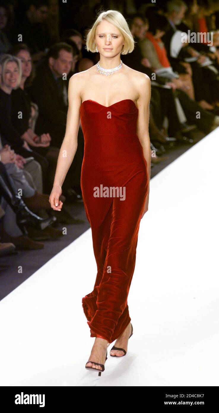A model for designer Ralph Lauren wears a strapless red silk velvet dress  during the presentation of the Ralph Lauren fall/winter 2001 collection in  New York, February 14, 2001. Designers are presenting