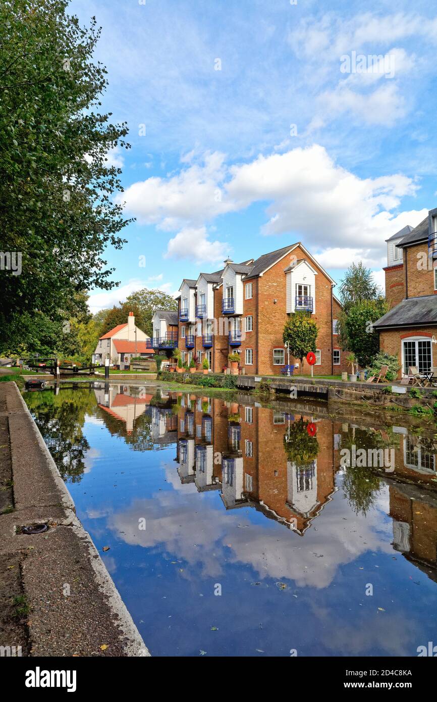 Modern apartments on the River Wey navigation canal at Thames Lock, Weybridge Surrey England UK Stock Photo