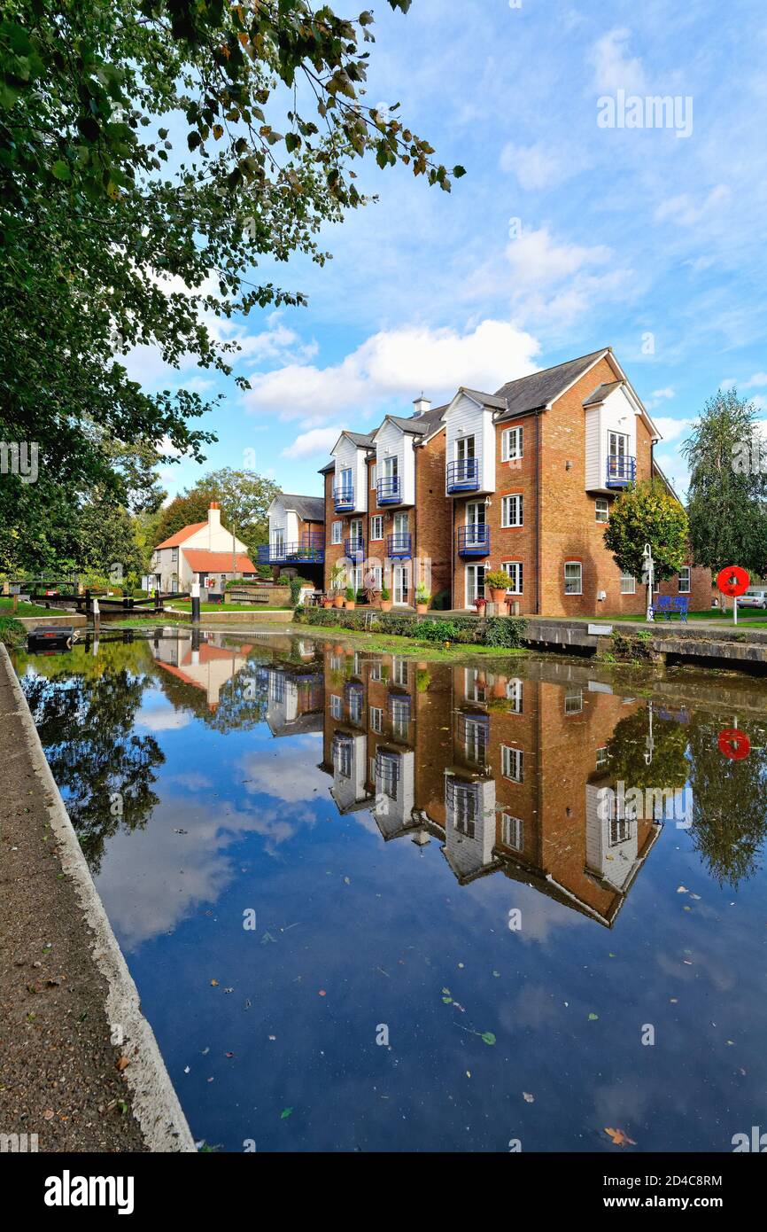 Modern apartments on the River Wey navigation canal at Thames Lock