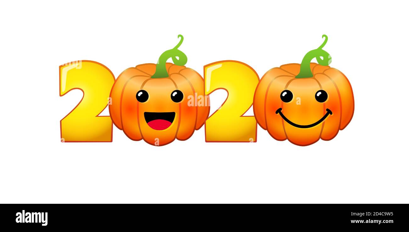 2020 Fall season sign. Holiday numbers. Creative congrats with pumpkins. Bright food characters, 3D orange and yellow faces. Decorative symbol Stock Vector