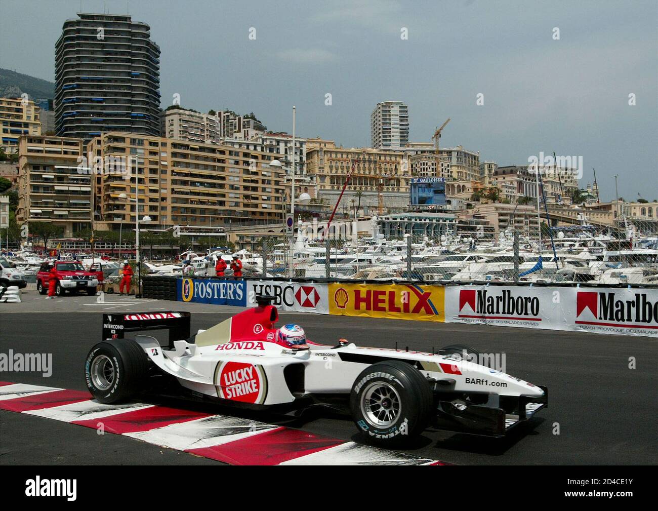 Jenson Button of Britain drives his Bar Honda at the port of Monte Carlo  during the qualifying session for the Monaco Formula One Grand Prix in  Monaco on May 29, 2003. Button