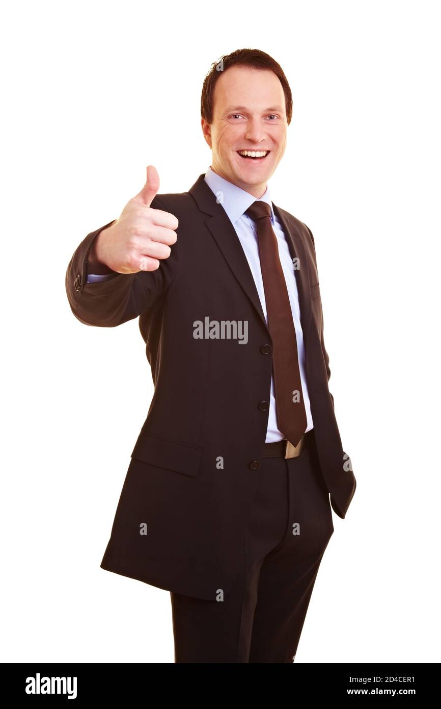 Happy businessman holding his thumb up Stock Photo - Alamy