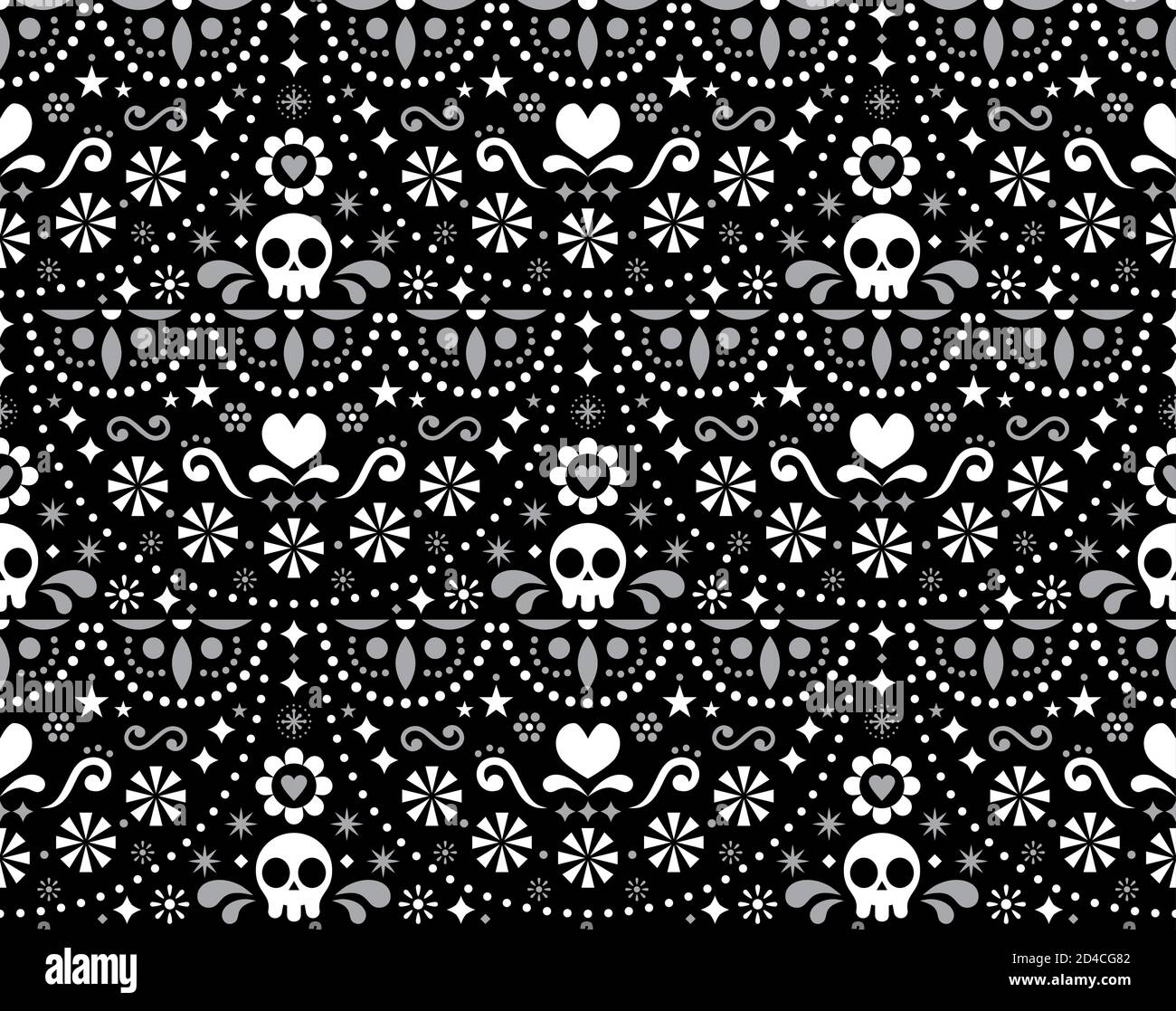 Mexican folk art vector seamless pattern with skulls, Halloween decor, flowers and abstract shapes, white textile design on black background Stock Vector