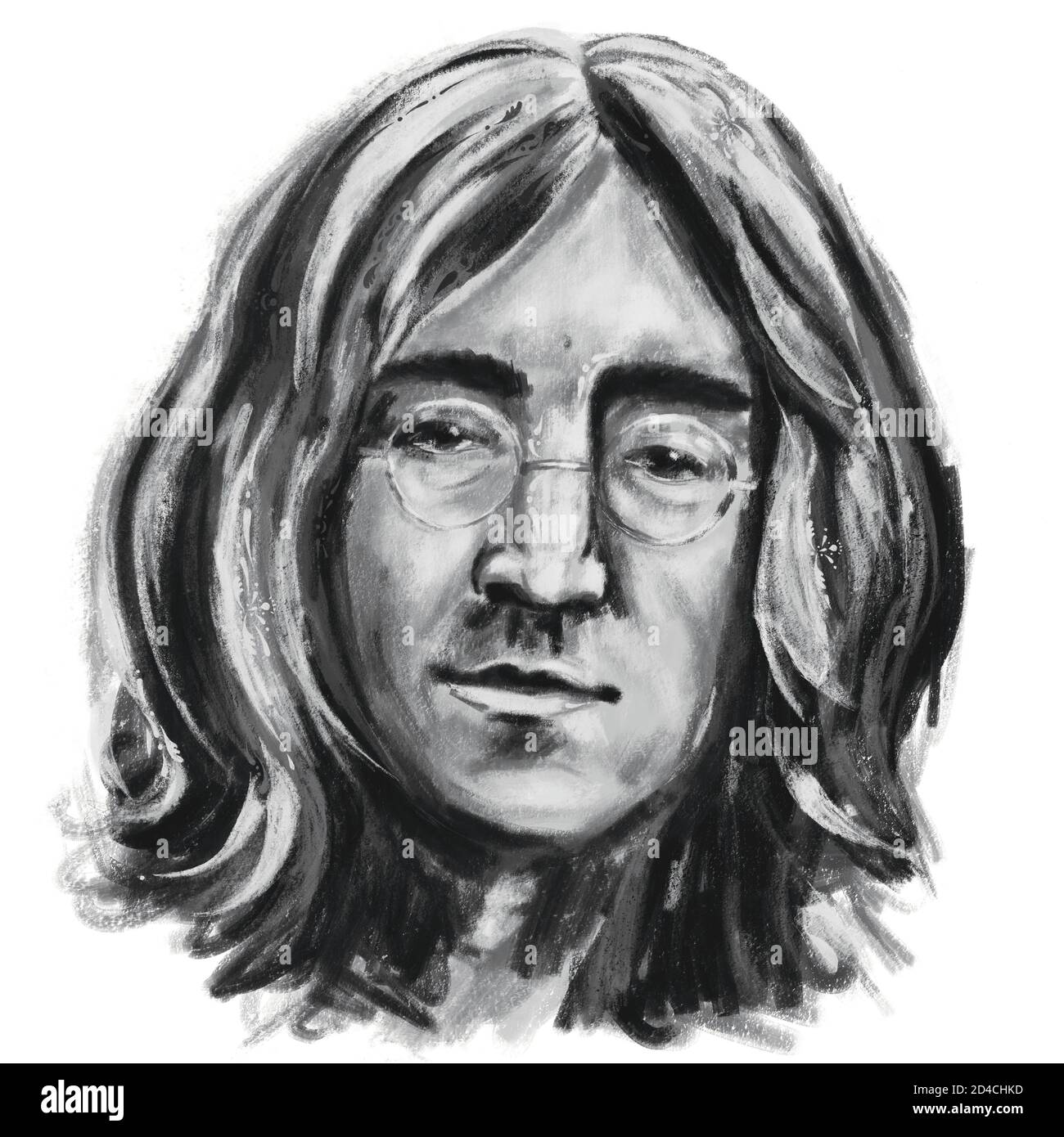 A black and white portrait of John Lennon. Stock Photo