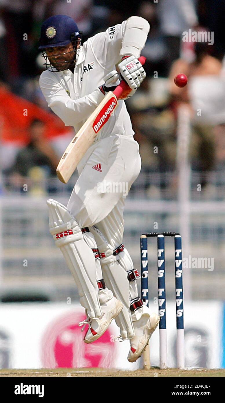 India S Virender Sehwag Plays A Rising Delivery During The Second Day S Play Of The Second Test Match Between India And Australia In Madras October 15 04 India Were 291 For Six At