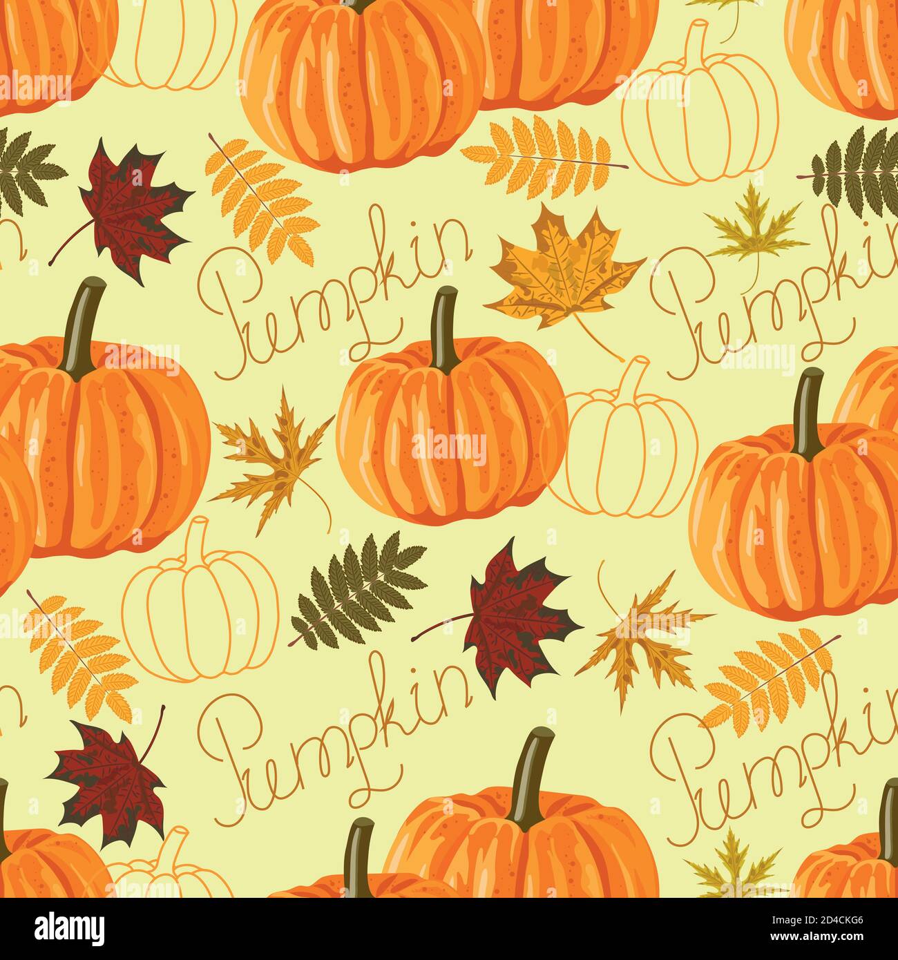 Seamless pattern with autumn leaves and pumpkins. Stock Vector