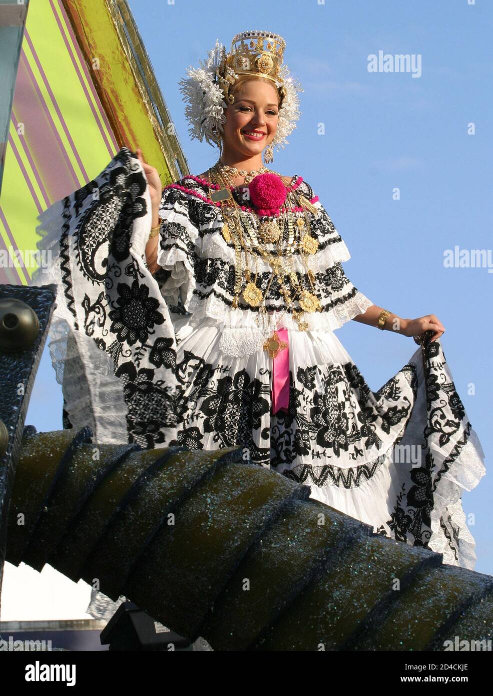 Carnival queen Ana Karina Abrego rides atop a float during Carnival  celebrations in Panama City, February 6 2005. In Panama, the popular,  internationally-known doll 'Barbie' was modeled after Abrego. Carnival  festivities will