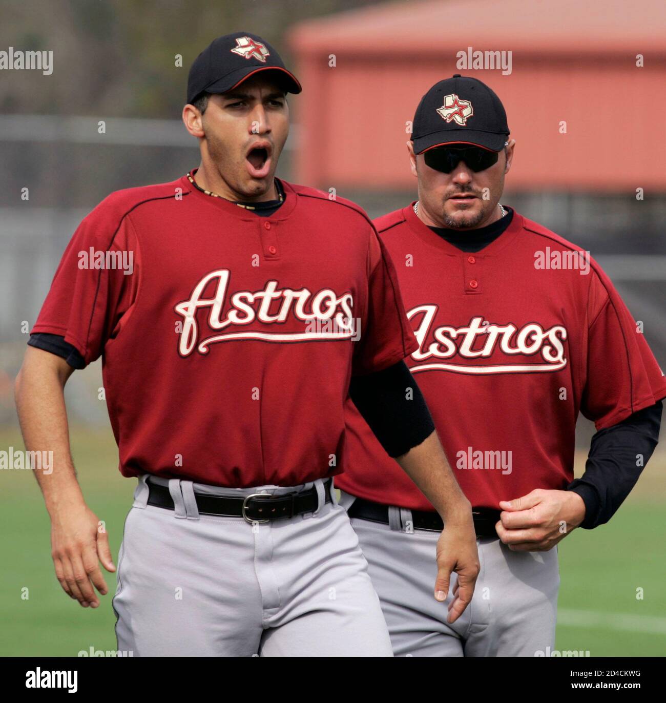 Houston Astros Pitcher Andy Pettitte L Yawns During Warm Ups As Teammate Roger Clemens Looks On In Kissimmee Florida February 24 2005 Today Was The First Day Of Full Squad Workouts At The