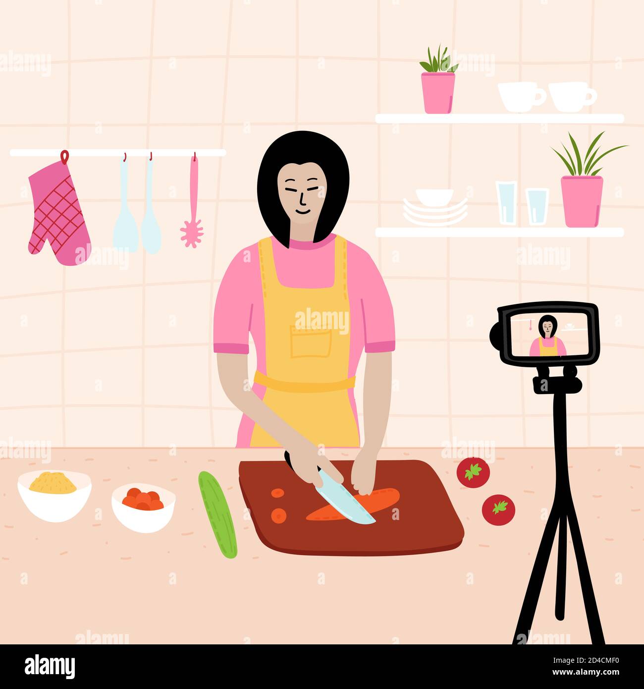 Chinese Japanese Female chef cooking in the kitchen while recording video using her camera for her online video channel. Cook healthy food at home Stock Vector