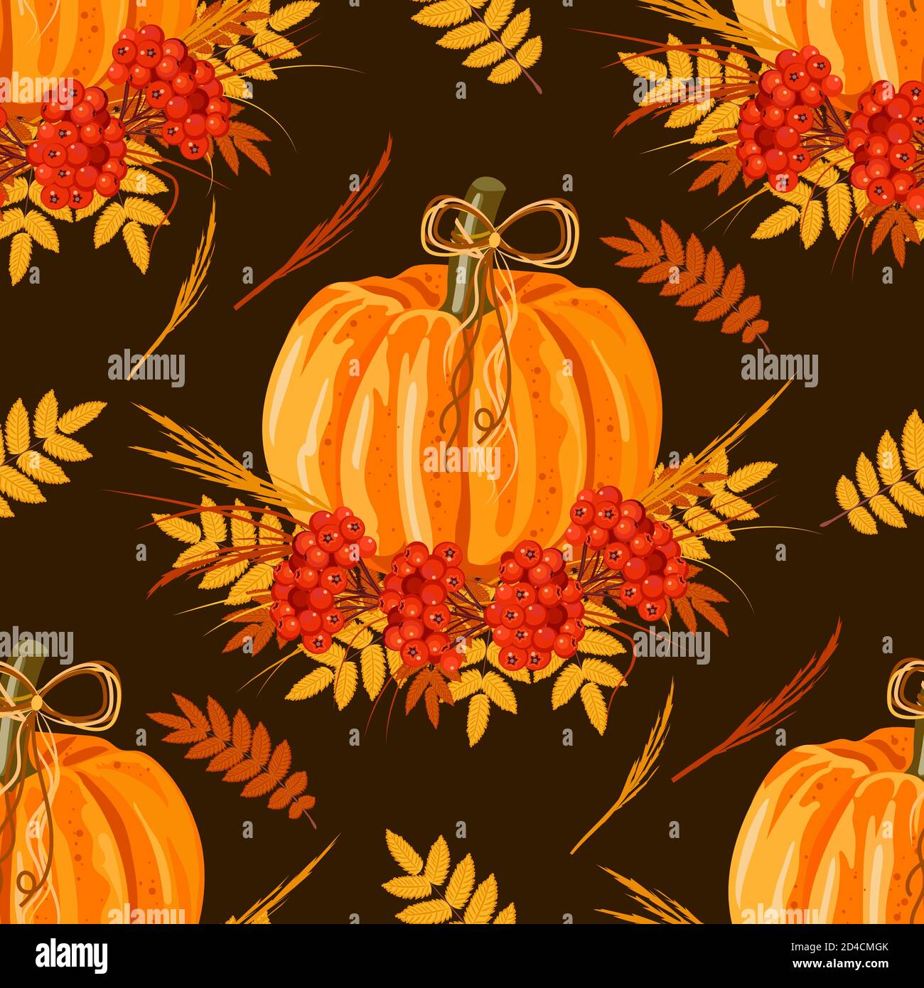 Seamless pattern with leaves and pumpkins. Vector autumn background. Stock Vector