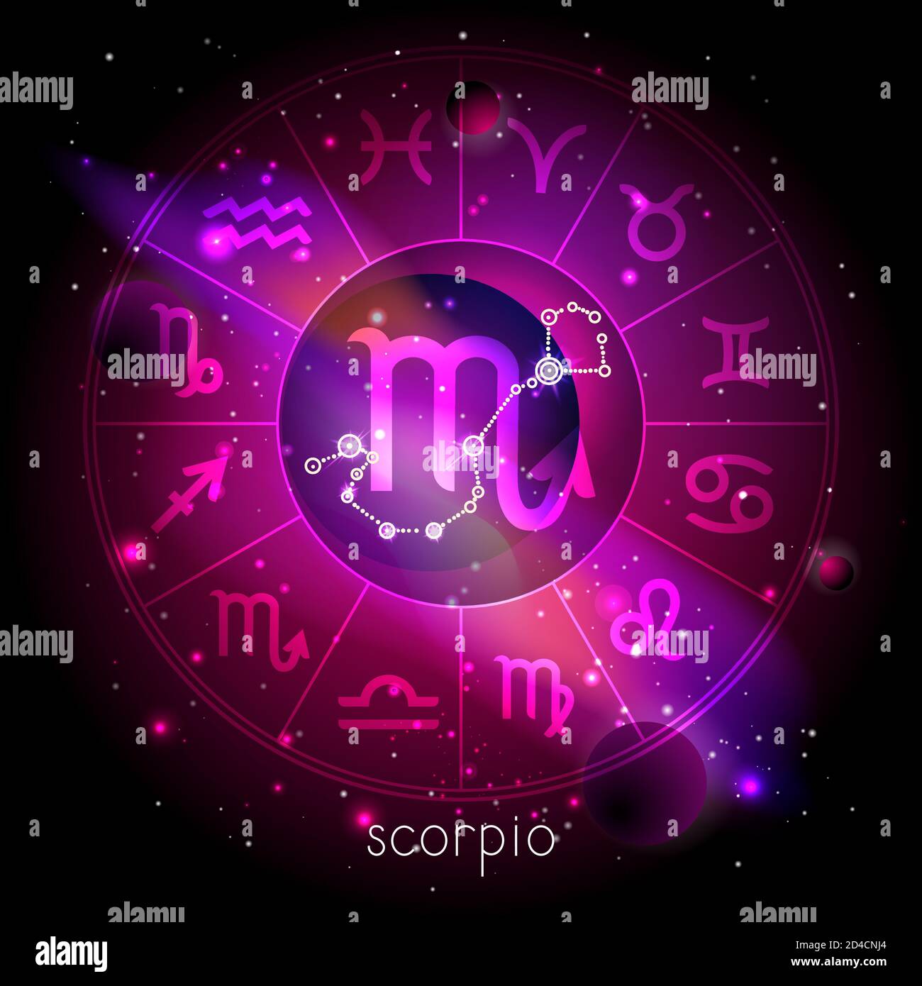 Vector illustration of sign and constellation SCORPIO with Horoscope circle against the space background with planets and stars. Sacred symbols in red Stock Vector