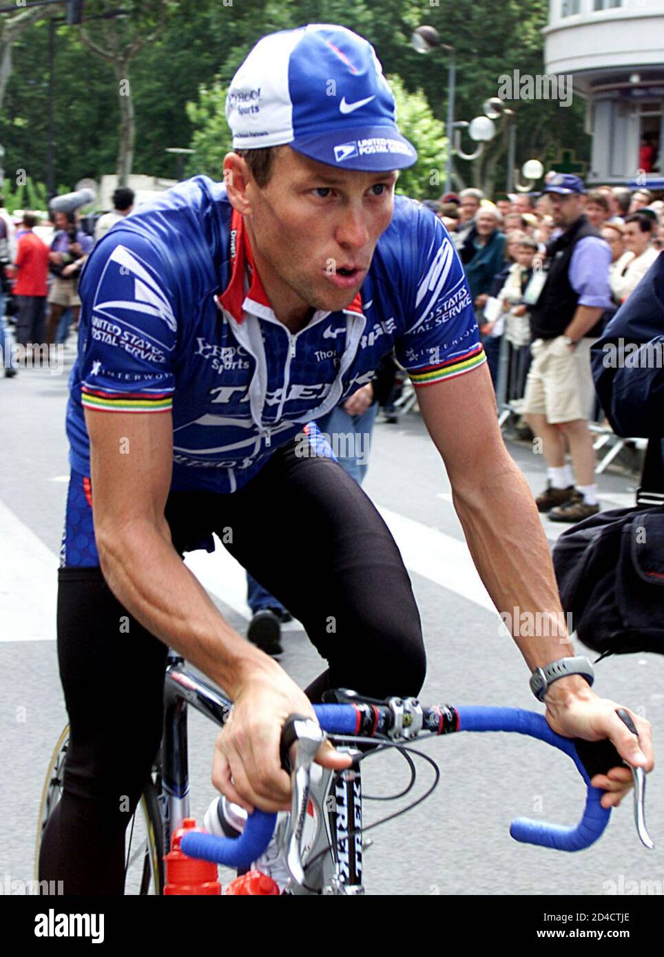 US Postal Service team leader Lance Armstrong of the USA rides at the start  of the 188km twelfth stage of theTour de France cycling race from Perpignan  to Ax-les-Thermes in the Pyrenees