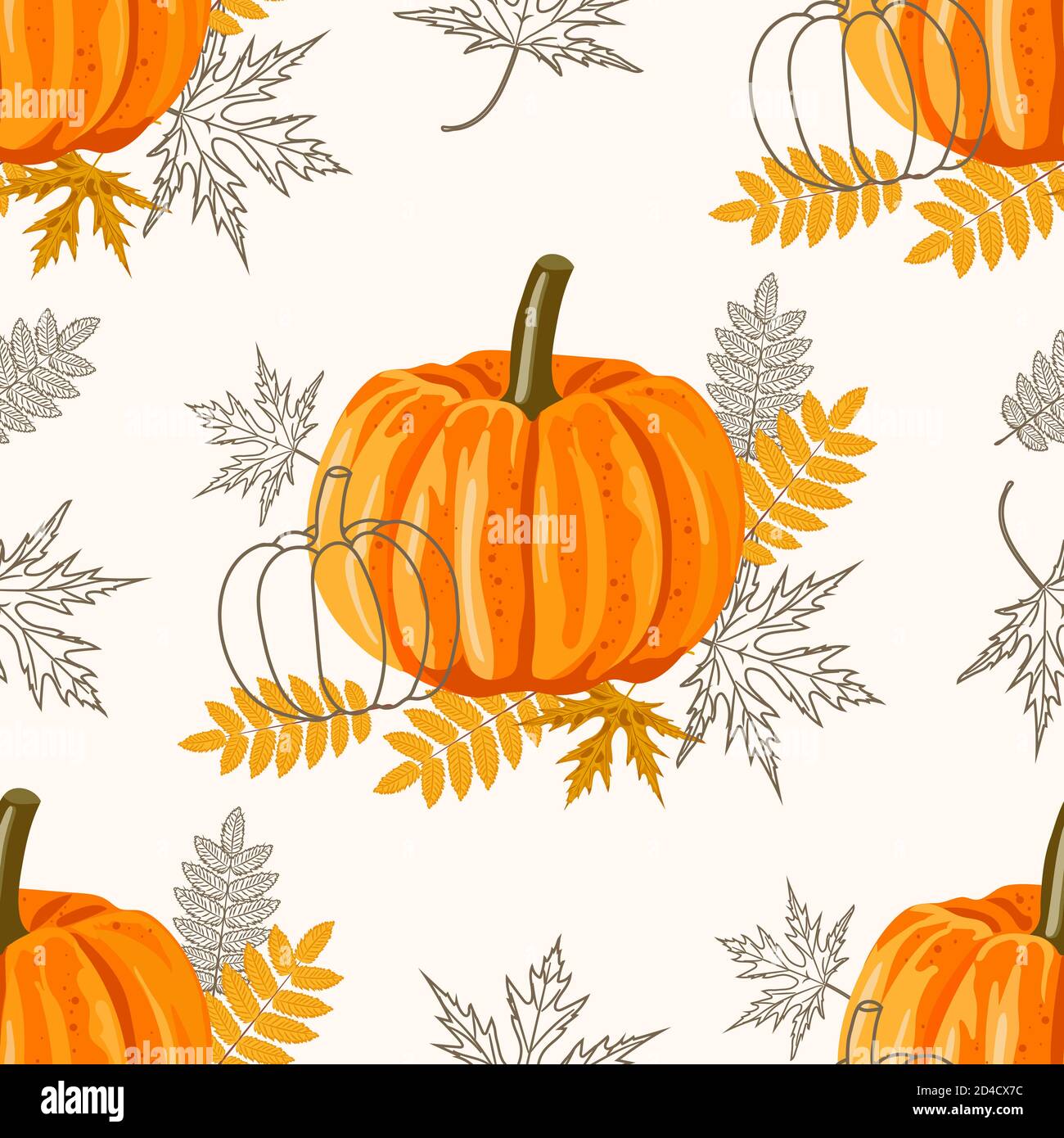 Seamless pattern with leaves and pumpkins. Vector autumn background. Stock Vector