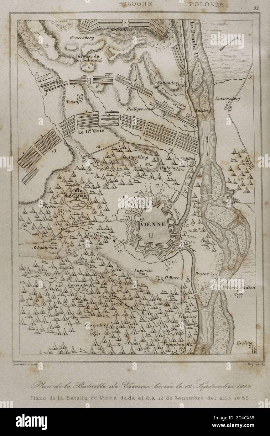 Holy Roman Empire. Plan of the Battle of Vienna, 12 September 1683. It took place at Kahlenberg Mountain, near Vienna, ather the city had been besieged by the Ottoman Empire during two months. The battle was fought by the Holy Roman Empire led by the Habsburg Monarchy, and the Polish-Lithuanian Commonwealth, both under the command of King John III Sobieski, against the Ottomans. The result was a victory for the first. Engraving by Lemaitre and Bigant. History of Poland, by Charles Foster. Panorama Universal, 1840. Stock Photo