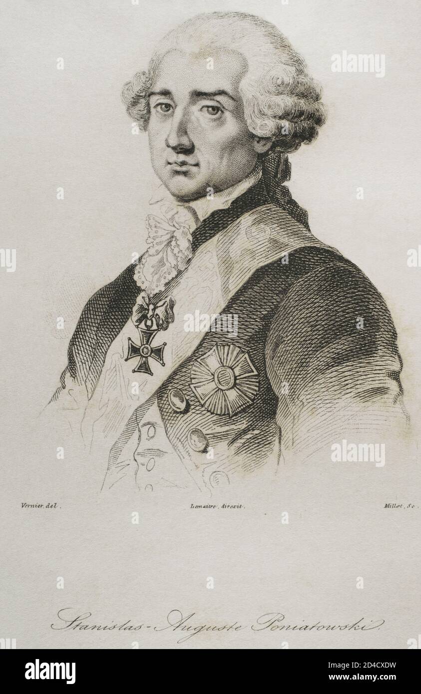 Stanislaw II Augustus (1732-1798). King of Poland and Grand Duke of Lithuania (1764-1795). He was the last monarch of the Polish-Lithuanian Commonwealth. Portrait. Engraving by Lemaitre, Vernier and Millot. History of Poland, by Charles Foster. Panorama Universal, 1840. Stock Photo