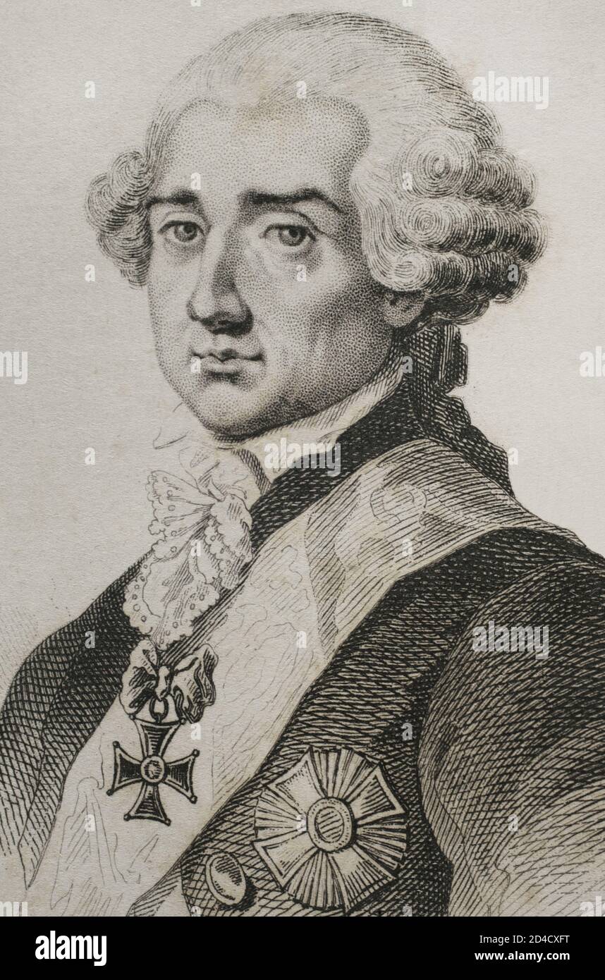 Stanislaw II Augustus (1732-1798). King of Poland and Grand Duke of Lithuania (1764-1795). He was the last monarch of the Polish-Lithuanian Commonwealth. Portrait. Engraving by Lemaitre, Vernier and Millot. History of Poland, by Charles Foster. Panorama Universal, 1840. Stock Photo