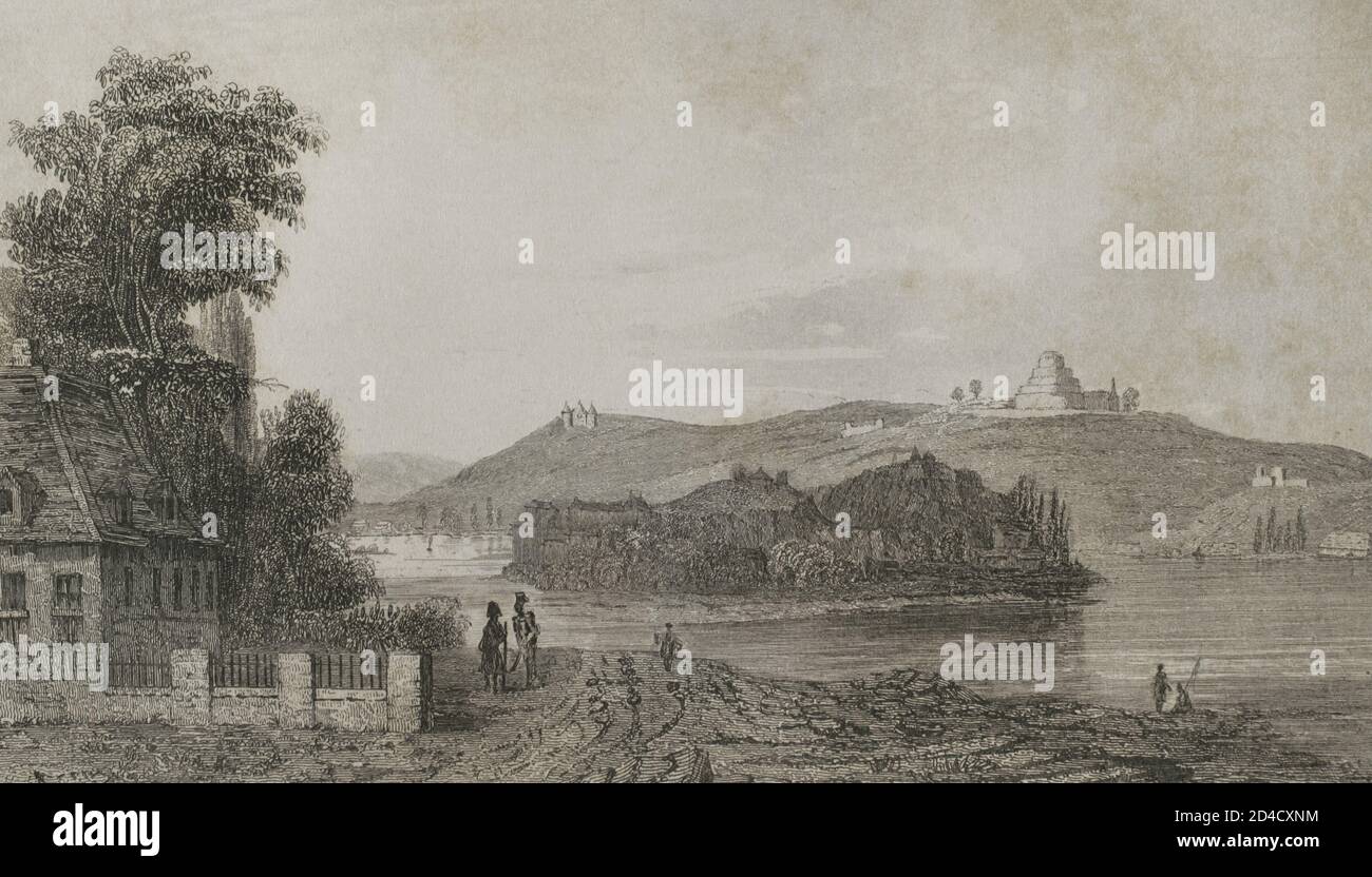 Poland, Krakow. Blessed Bronislawa Hill. Kosciuszko Mound, erected by Cracovians between 1820 and 1823 in commemoration of the Polish national leader Tadeusz Kosciuszko. Engraving by Lemaitre and Lepetit. History of Poland, by Charles Foster. Panorama Universal, 1840. Stock Photo