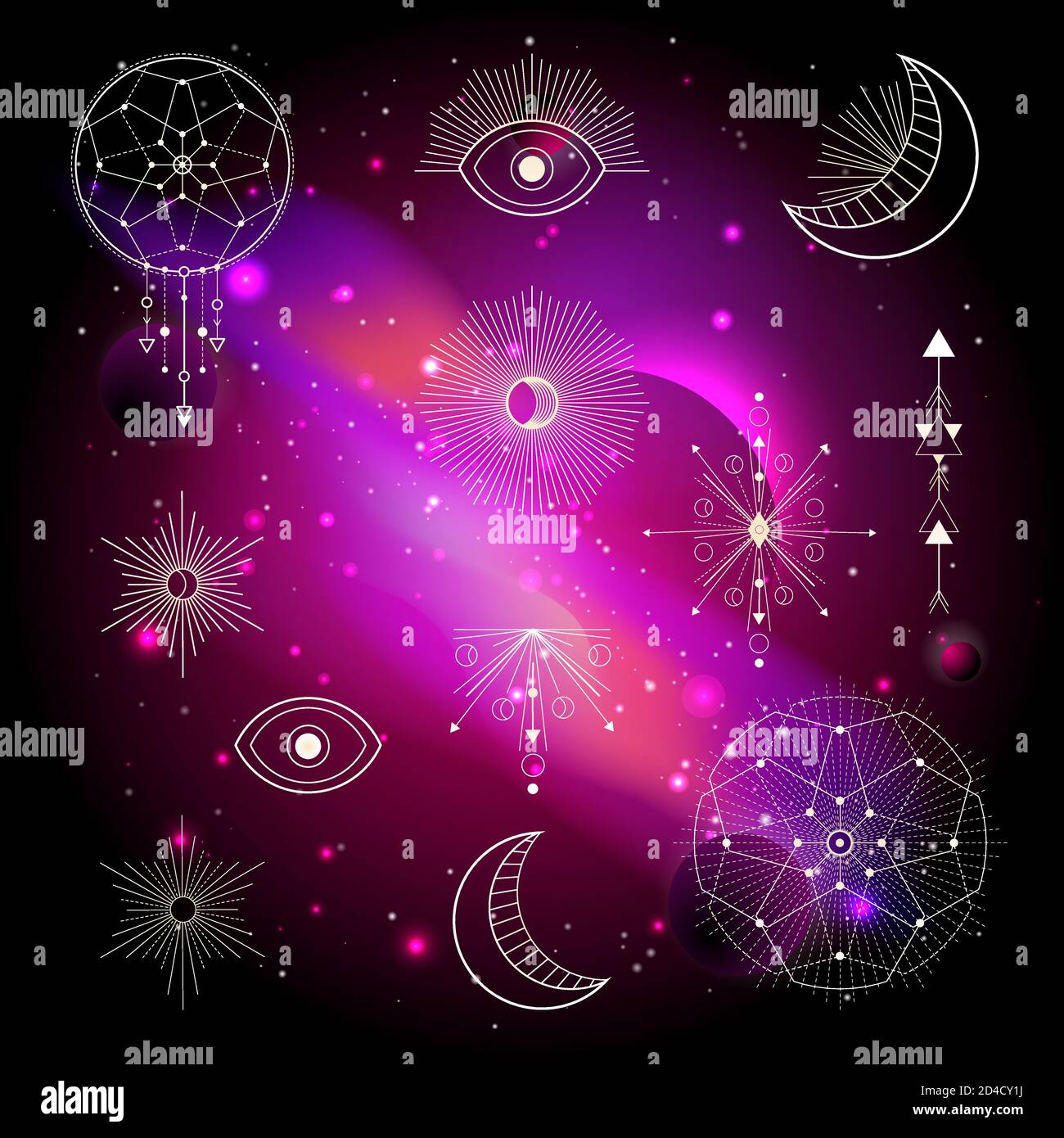 Vector illustration of Sacred or mystic symbols against the space background with planets and stars. Abstract geometric signs drawn in lines. Multicol Stock Vector