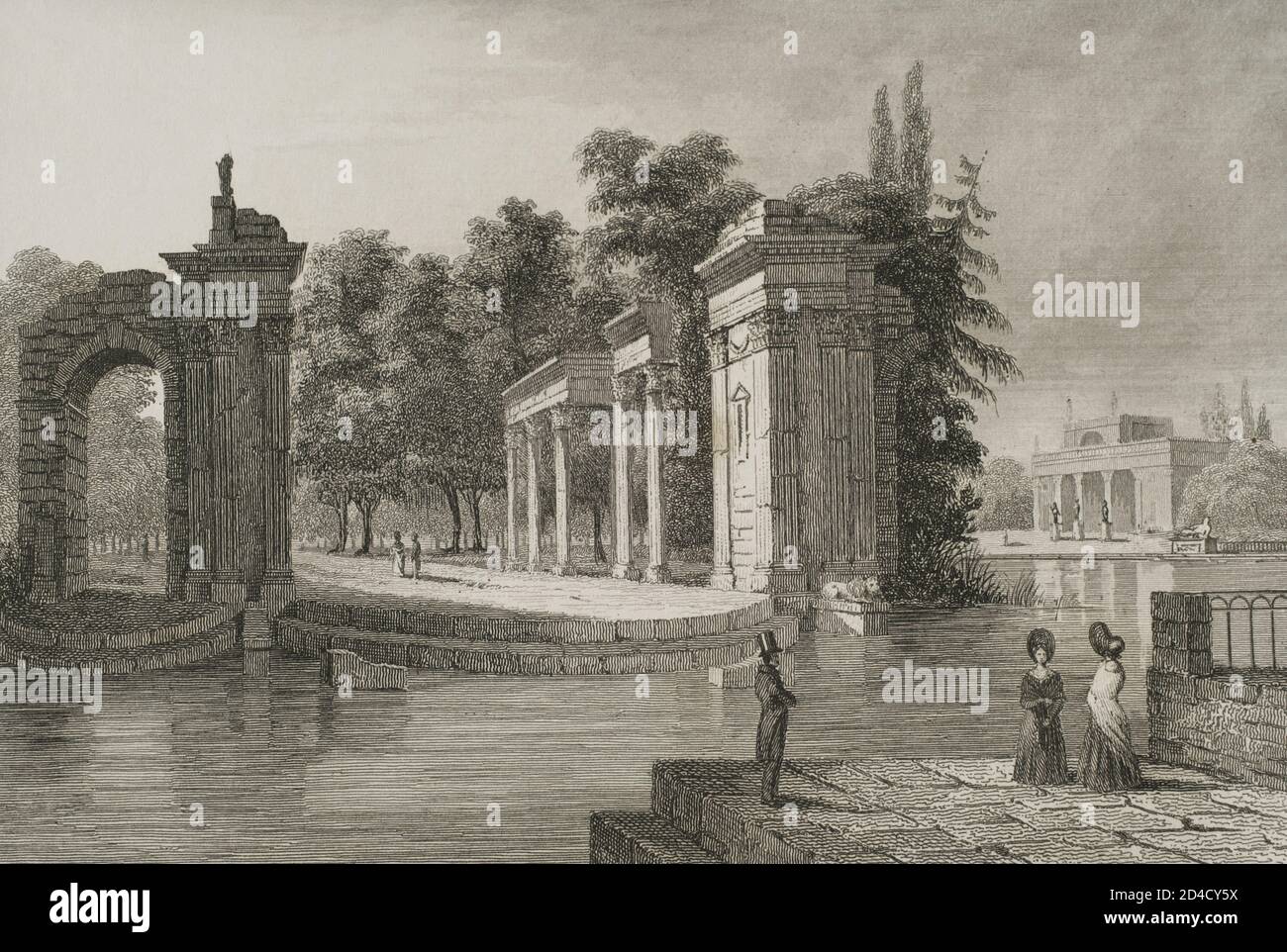 Poland, Warsaw. Lazienki Park. The Royal Bath. Ancient Roman-style amphitheatre, building that was erected after the redesign of the estate by Stanislaw August Poniatowski, in the mid-18th century. Engraving by Lemaitre and Cholet. History of Poland, by Charles Foster. Panorama Universal, 1840. Stock Photo