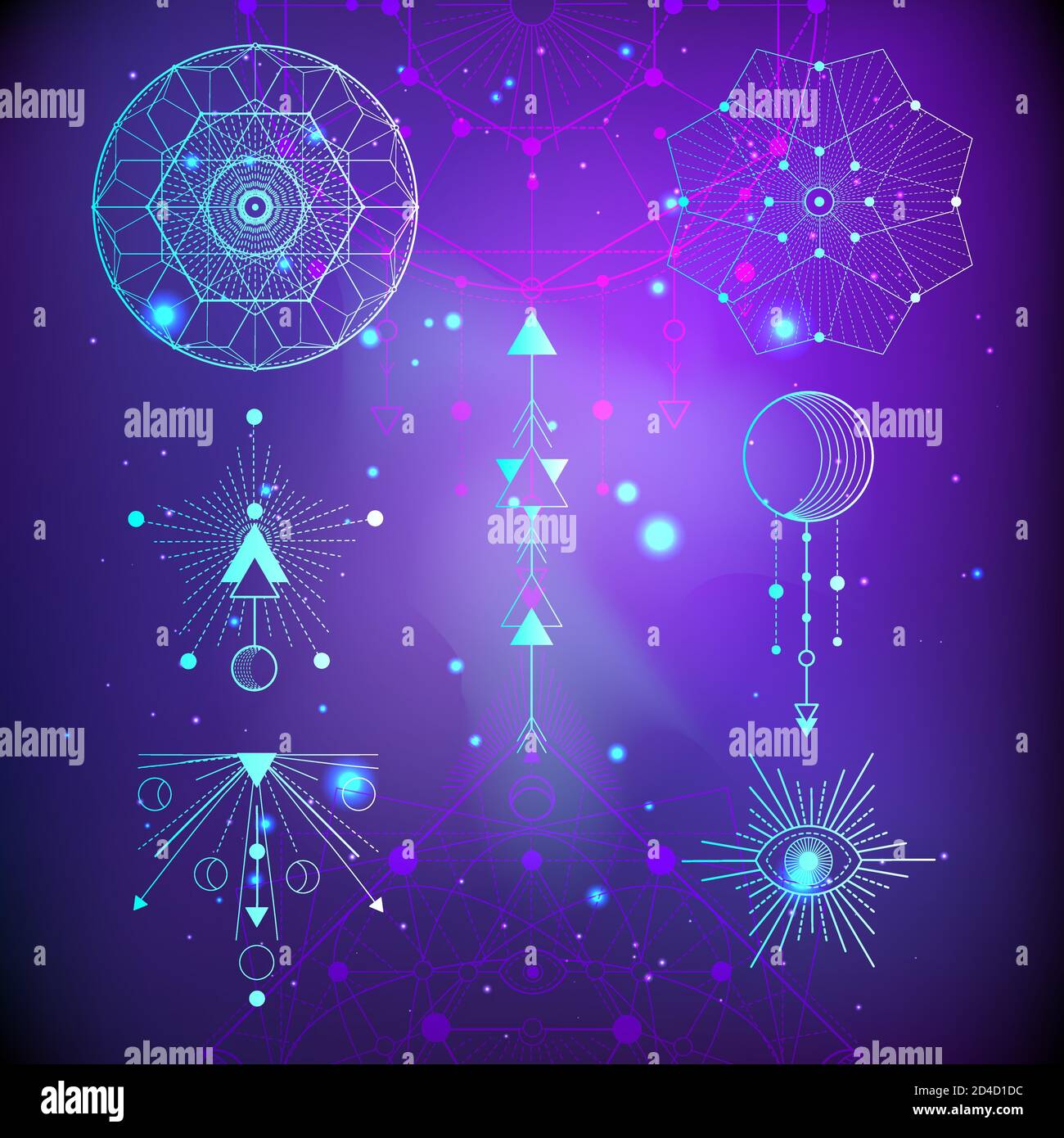Vector illustration of Sacred or mystic symbols on abstract background. Geometric signs drawn in lines. Multicolored. For you design and magic craft. Stock Vector