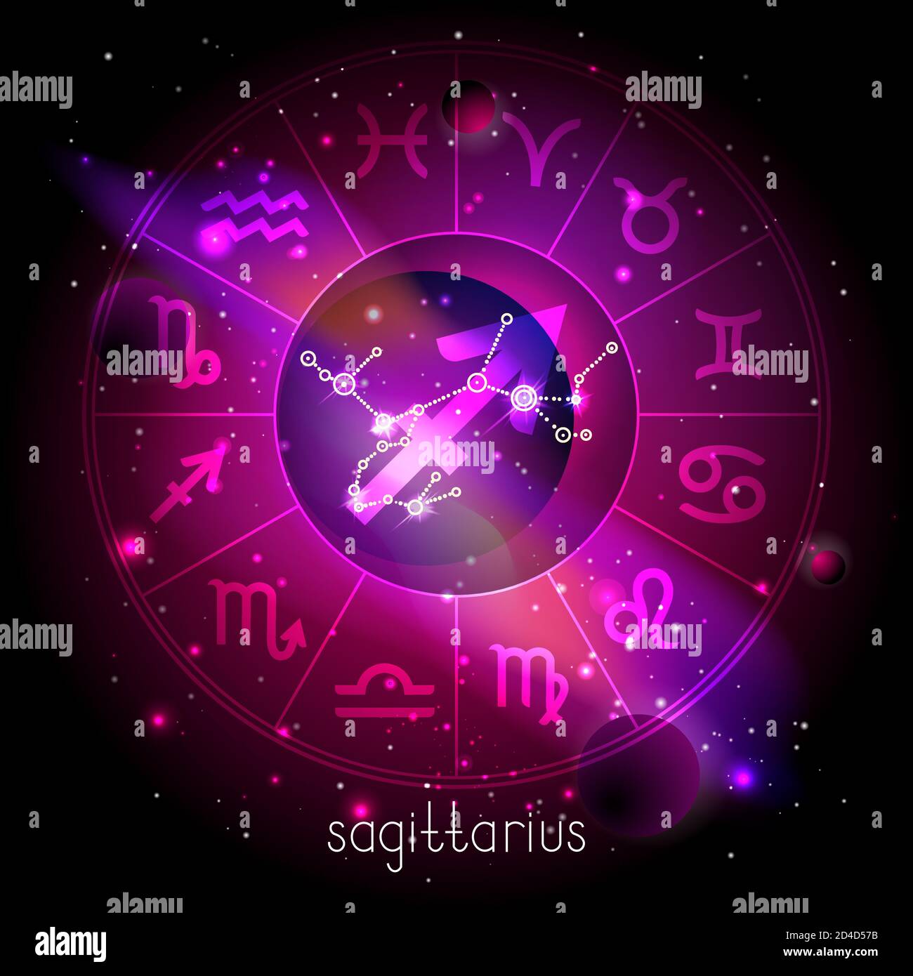 Vector illustration of sign and constellation SAGITTARIUS with Horoscope circle against the space background with planets and stars. Sacred symbols in Stock Vector