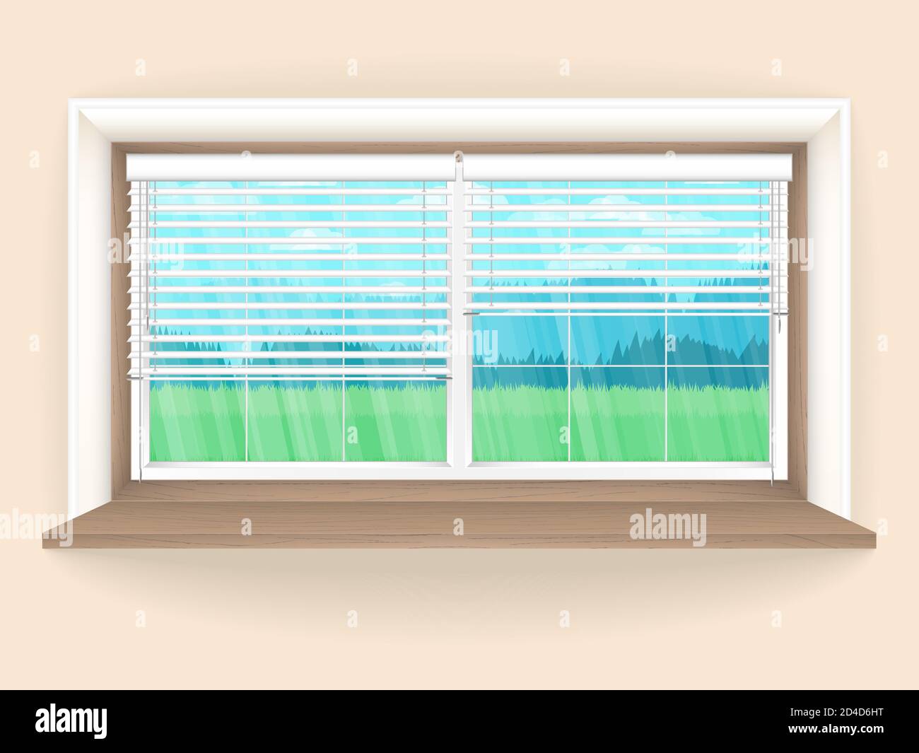Illustration with wooden window in realistic style on and the rustic landscape outside the window. Vector background. Stock Vector