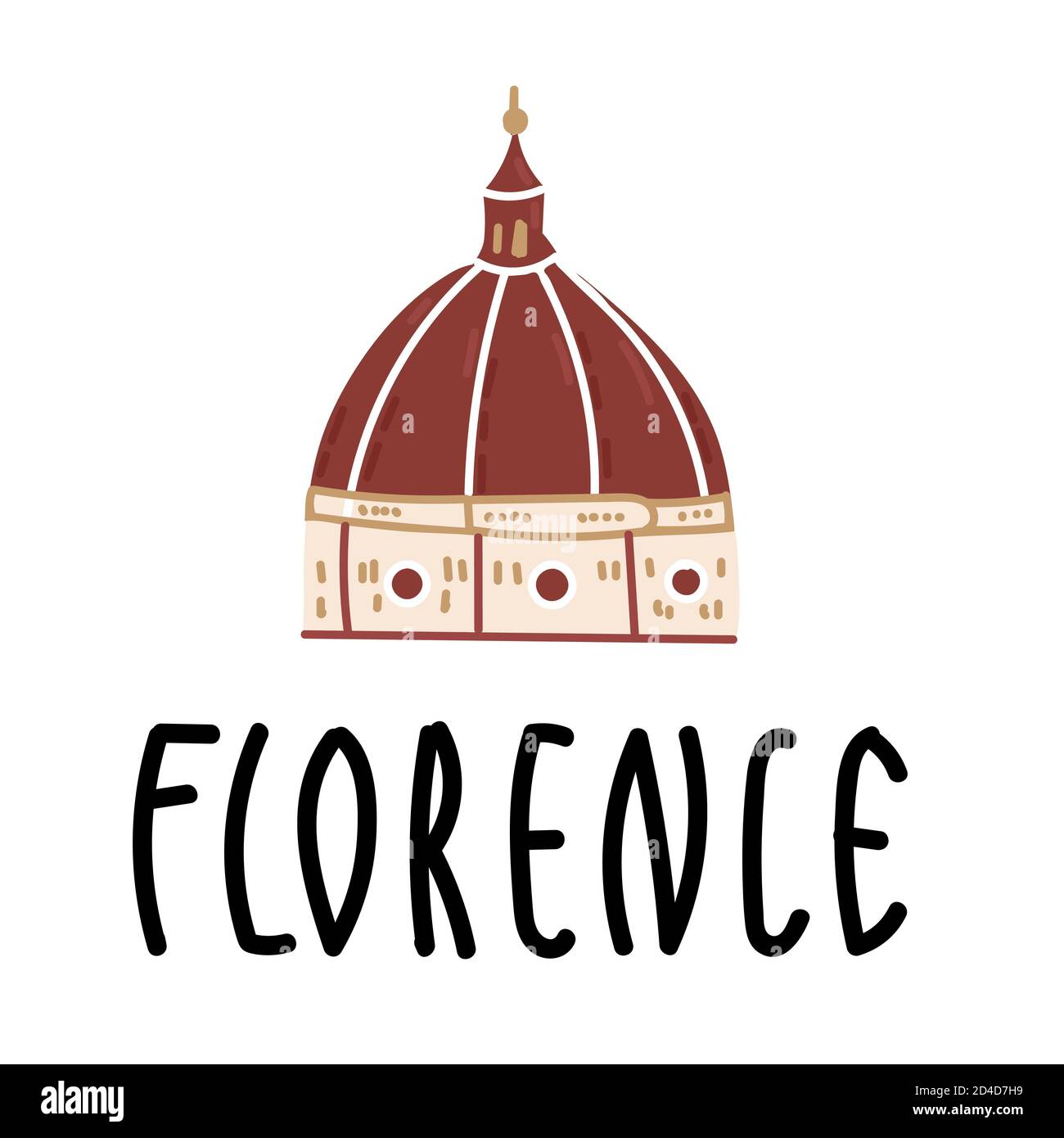 Cartoon Santa Maria del Fiore in Italy on white background with hand drawn lettering Florence. Vector illustration, flat design Stock Vector