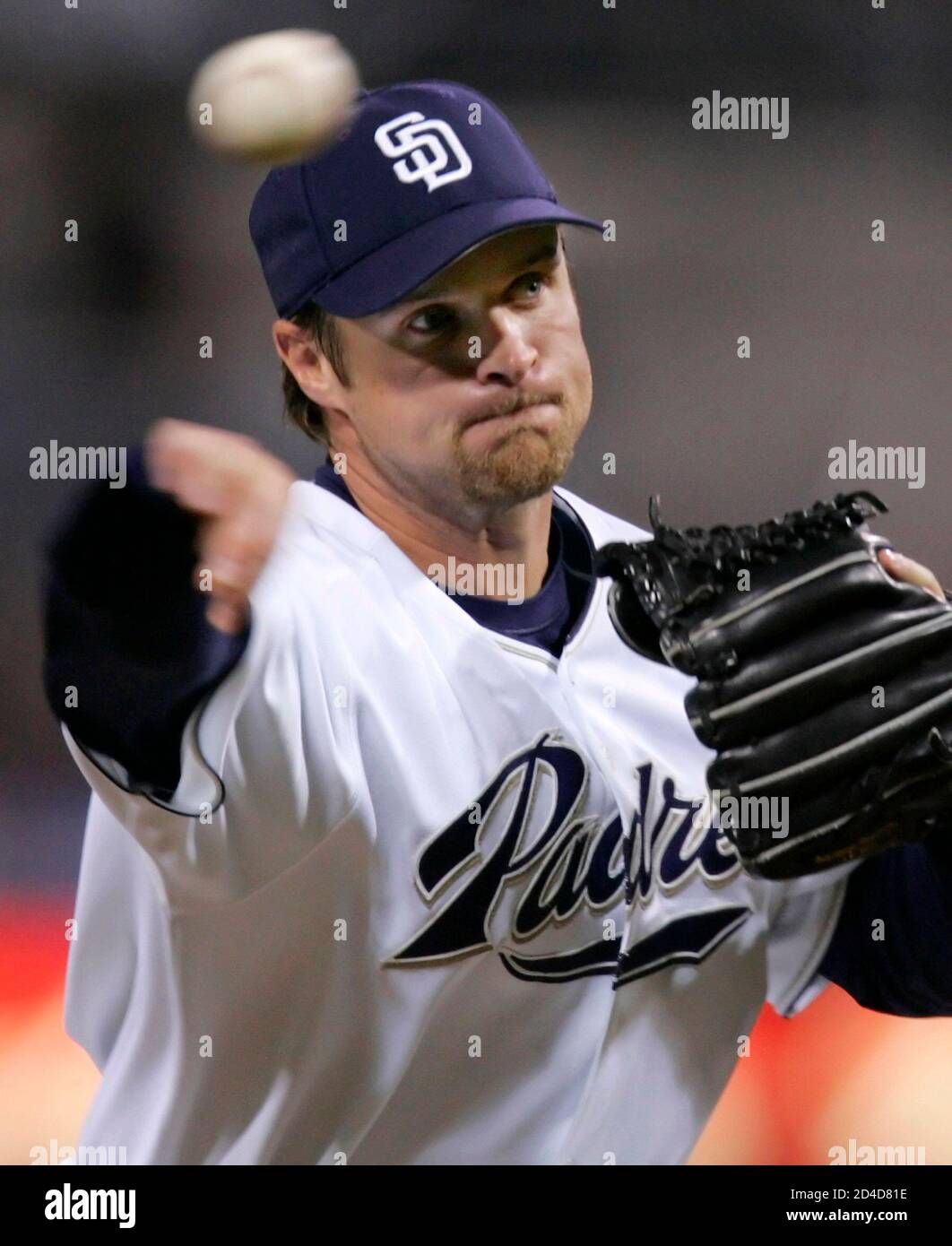 San Diego Padres starting pitcher Brian Lawrence pitches to the San Francisco Giants in the eighth inning during the National League baseball at Petco Park in San Diego April 19, 2005. Lawrence picked up the win going eight innings, giving up two runs on six hits for a 5-2 Padres victory over the Giants. REUTERS/Mike Blake  MB/DH Stock Photo