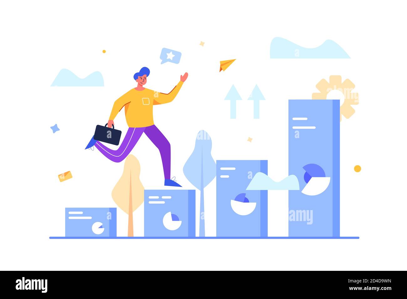 Guy runs upward graphic in flat style. Stock Vector