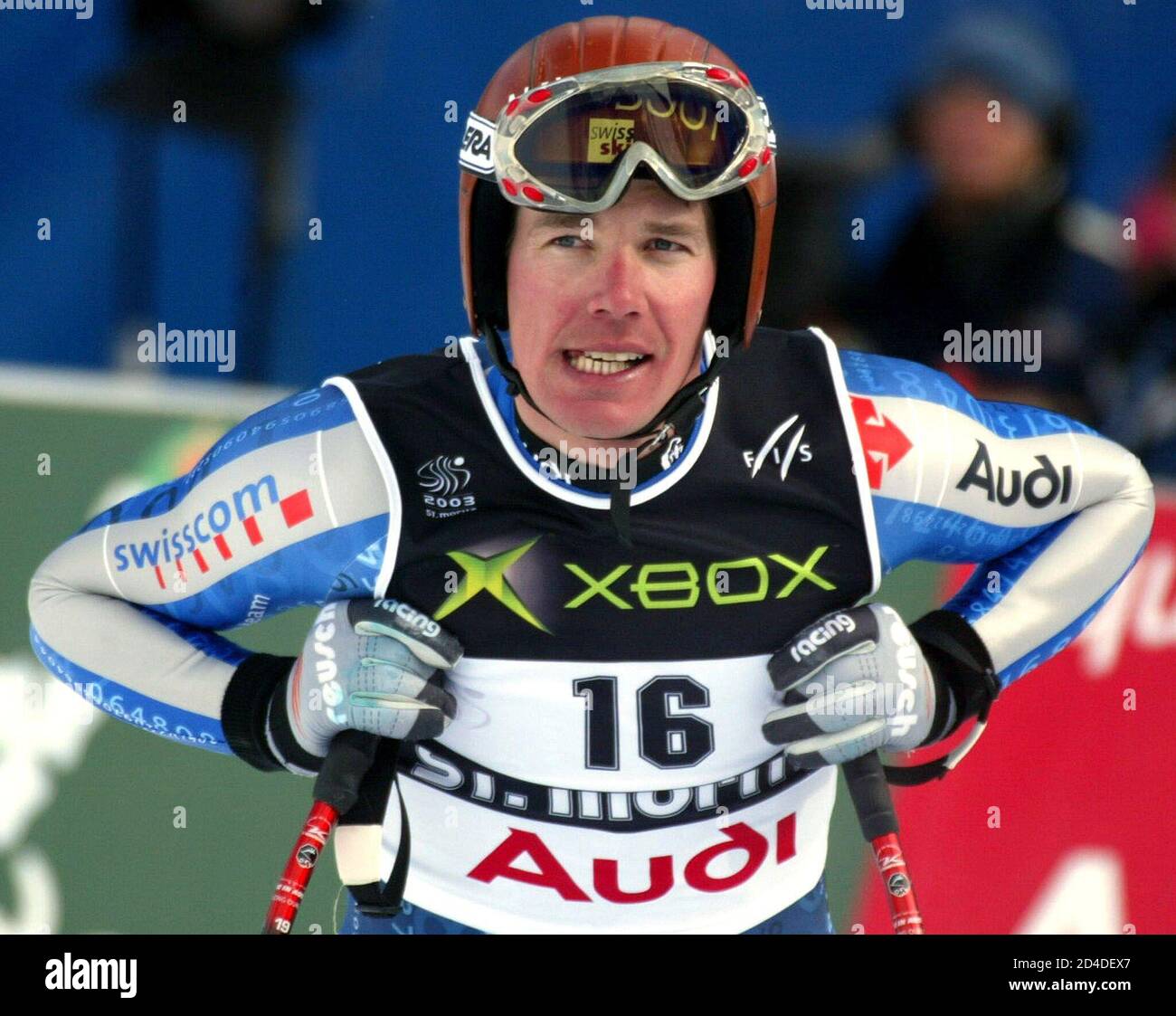 Bruno Kernen of Switzerland reacts after the men's Super-G at the World  Alpine Ski Championships in St. Moritz on February 2, 2003. [Austria's  Stephan Eberharter won the Gold medal in a time