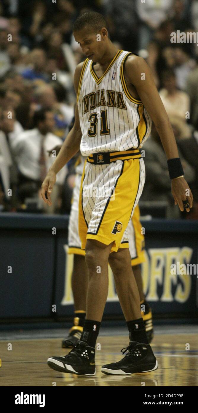 Indiana Pacers guard Reggie Miller walks from the court late in a first  round playoff game against the Boston Celtics at Conseco Fieldhouse in  Indianapolis, May 5, 2005. Miller scored 12 points
