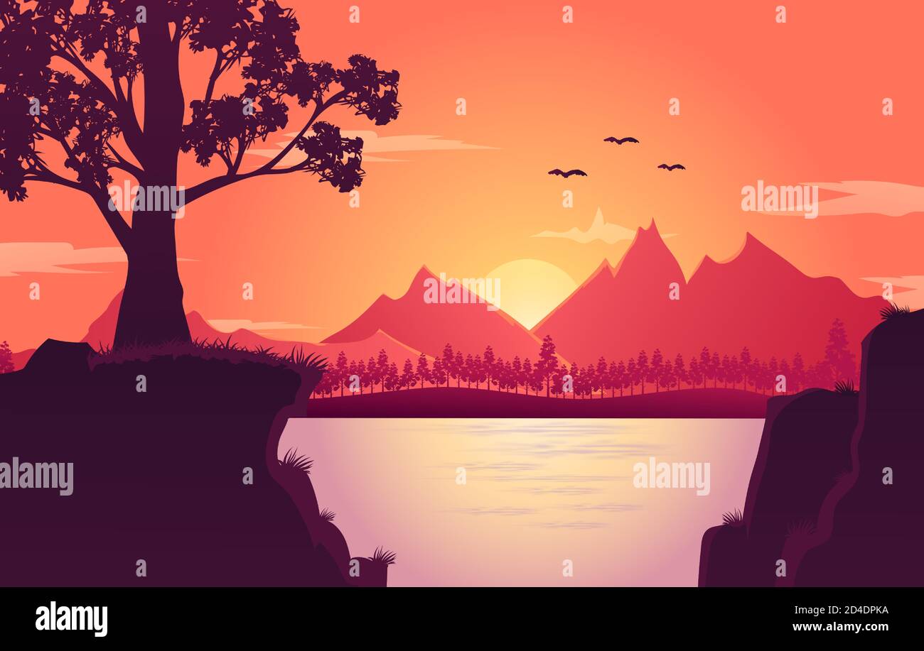 Beautiful mountain chain landscape background at sundown with river and ...