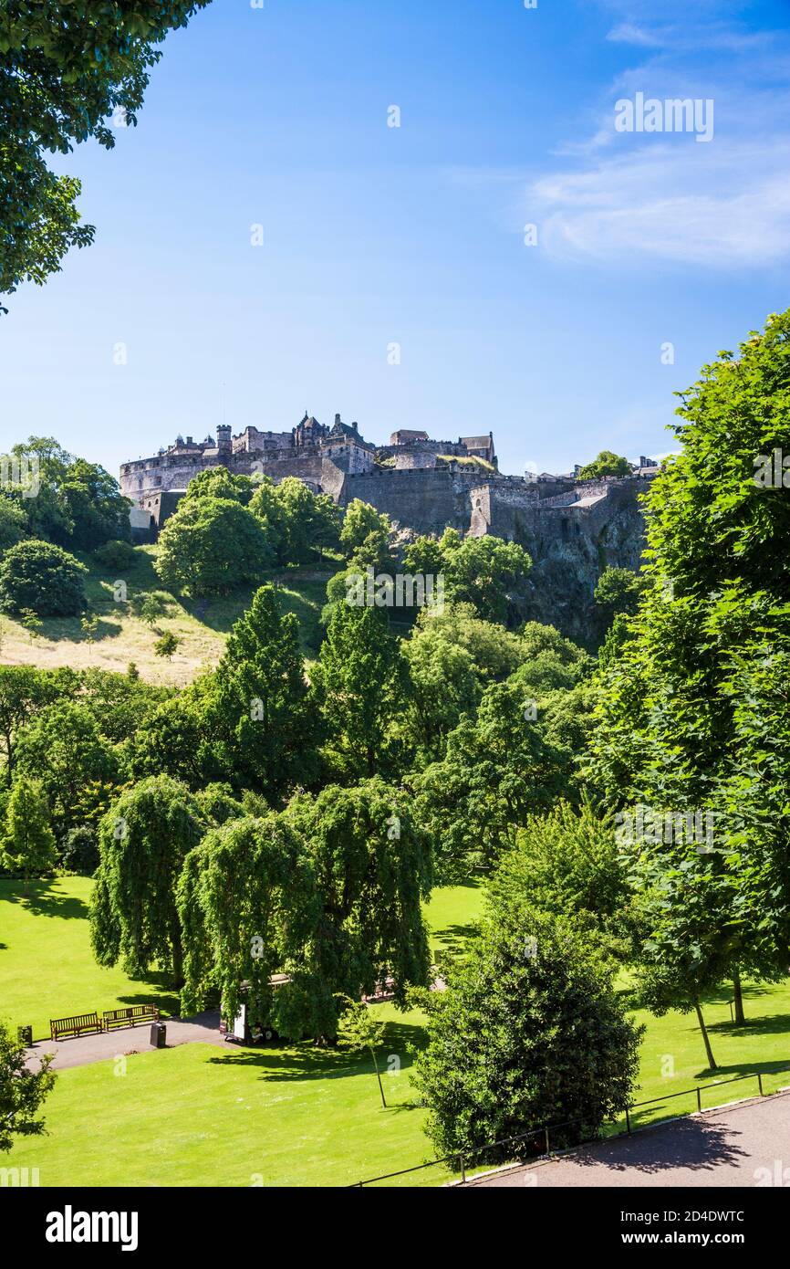 Edinburgh Castle viewed from Princes Street Gardens. Stock Photo