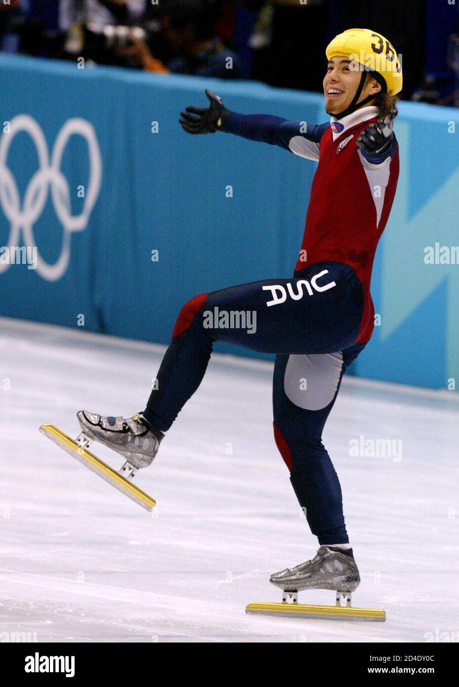 Apolo Anton Ohno Of The Usa Celebrates After Being Declared The Winner Of The Salt Lake 02 Winter Olympic Games Men S 1500m Short Track Event In Salt Lake City February 02