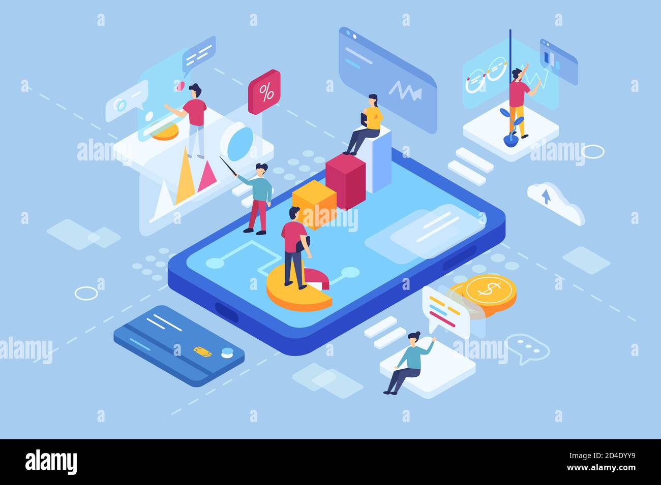 3d isometry of a virtual tablet with graphs and data. Stock Vector