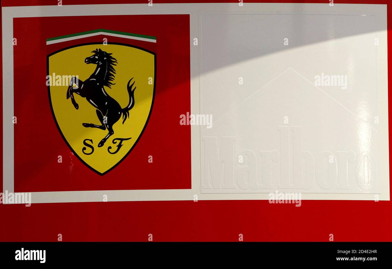 A FERRARI LOGO IS PICTURED ON A TRANSPORTER WITH ITS MARLBORO SPONSORSHIP COVERED AT THE HOCKENHEIM CIRCUIT AHEAD OF GERMAN GRAND PRIX. Stock Photo